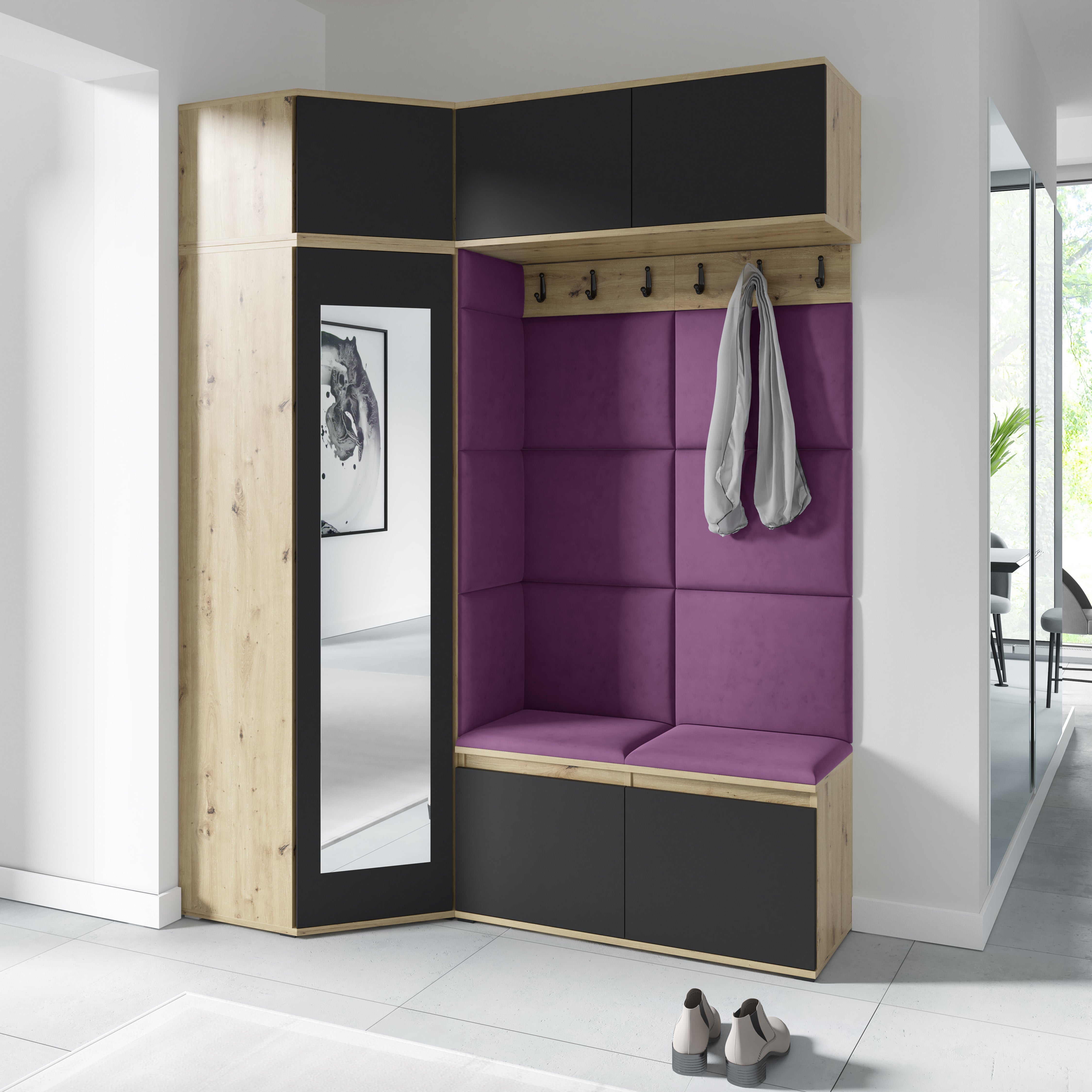 PK Emi 38 Hallway Wardrobe Aristan Oak\Black - Upholstered Panels in Various Colours