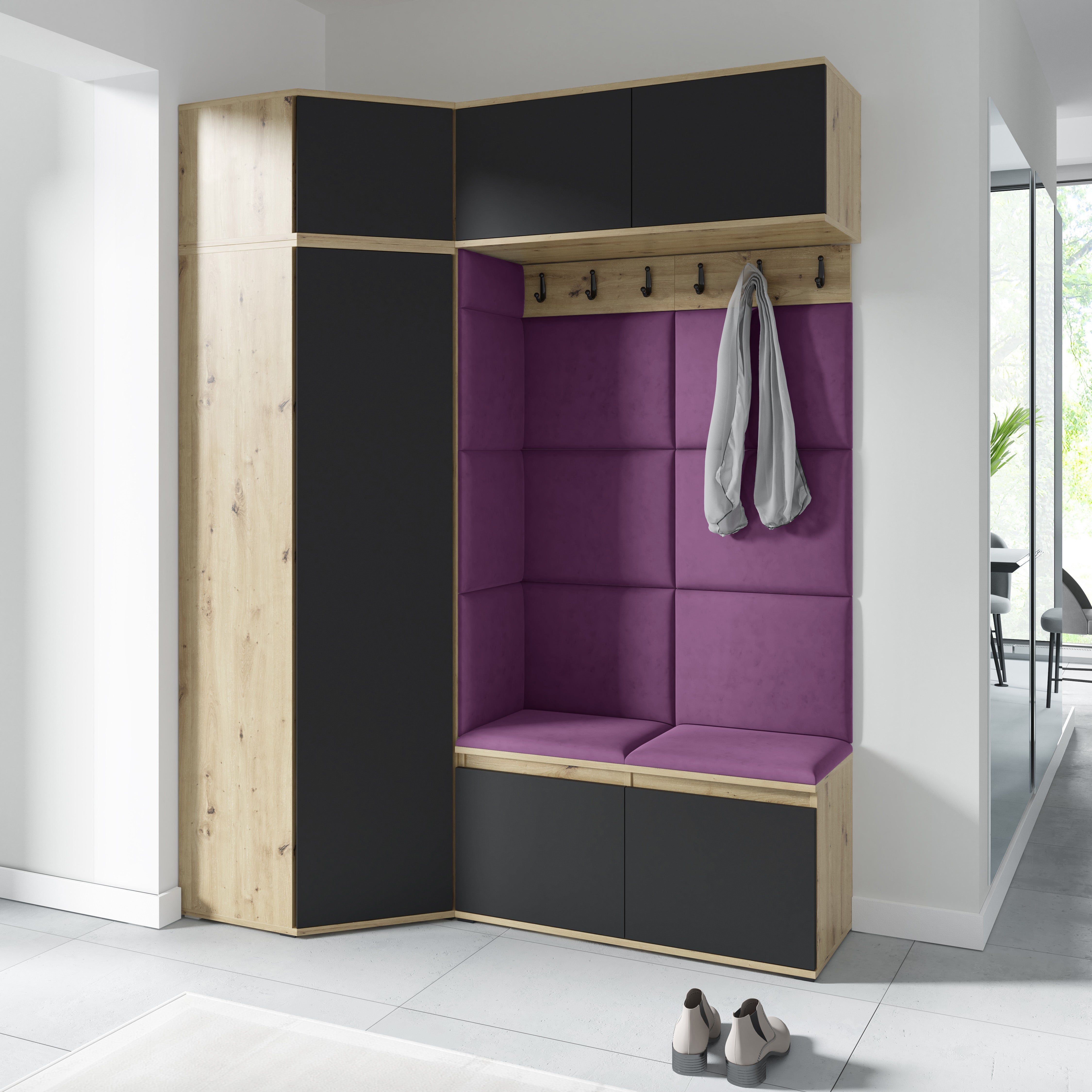 PK Emi 38 Hallway Wardrobe Aristan Oak\Black - Upholstered Panels in Various Colours