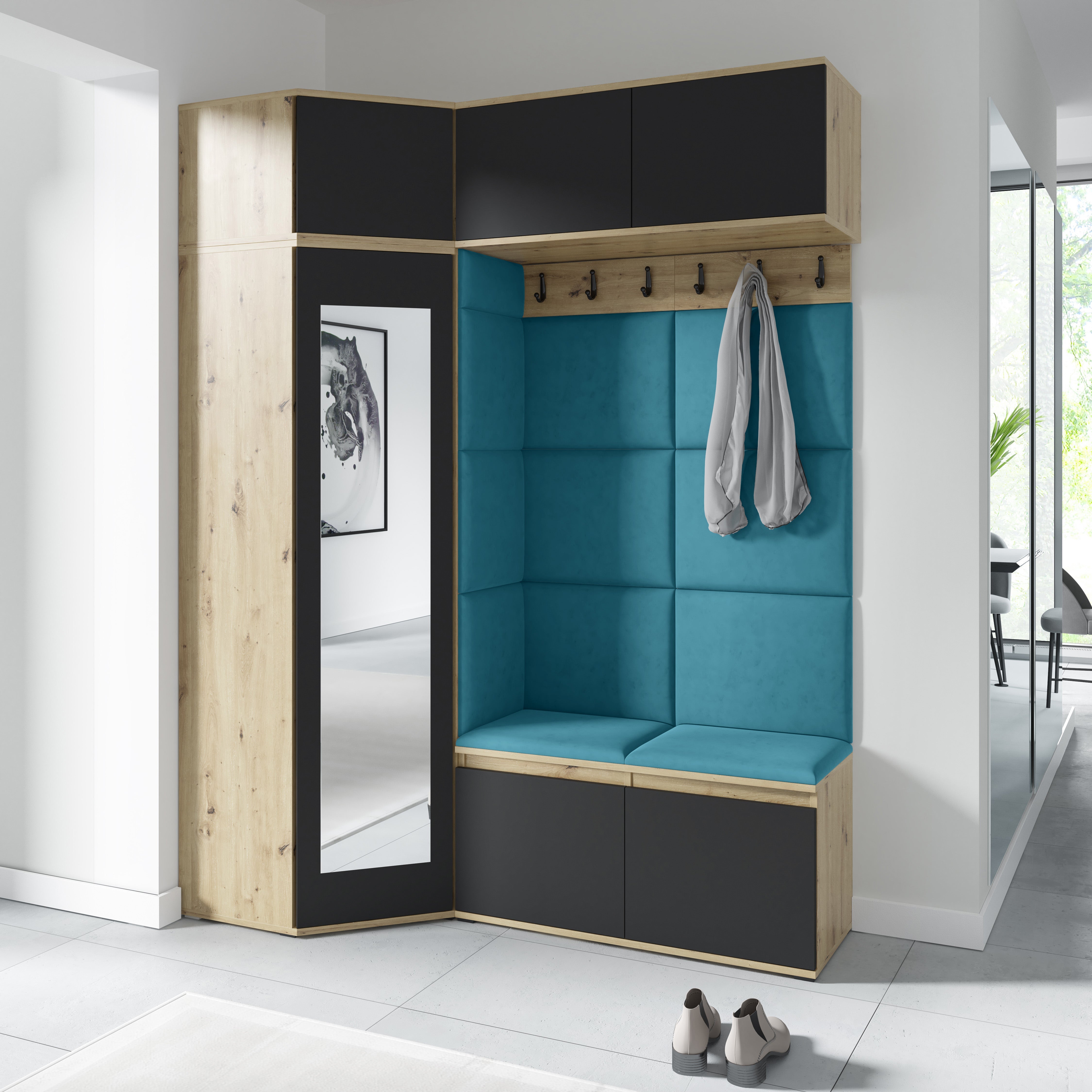 PK Emi 38 Hallway Wardrobe Aristan Oak\Black - Upholstered Panels in Various Colours