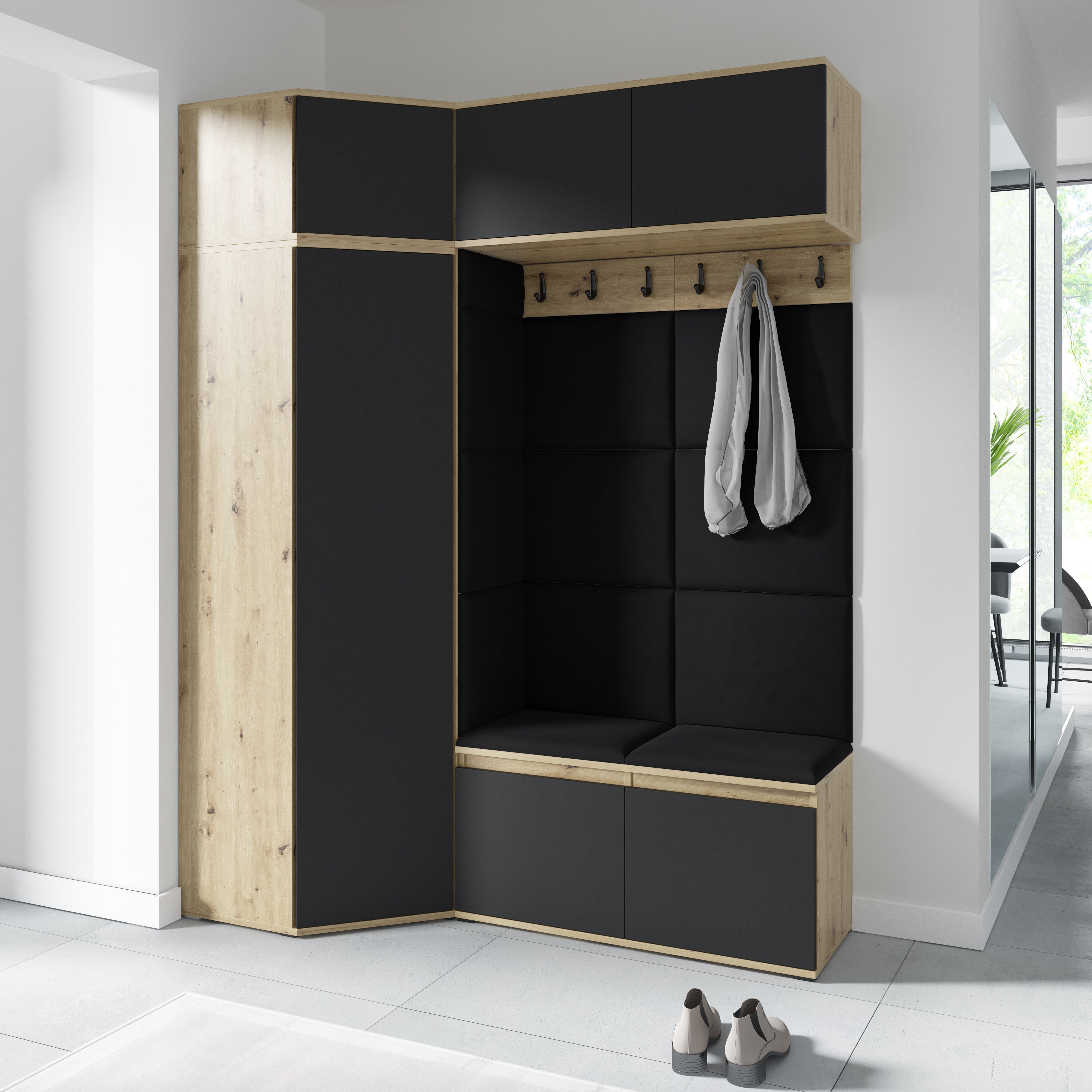 PK Emi 38 Hallway Wardrobe Aristan Oak\Black - Upholstered Panels in Various Colours