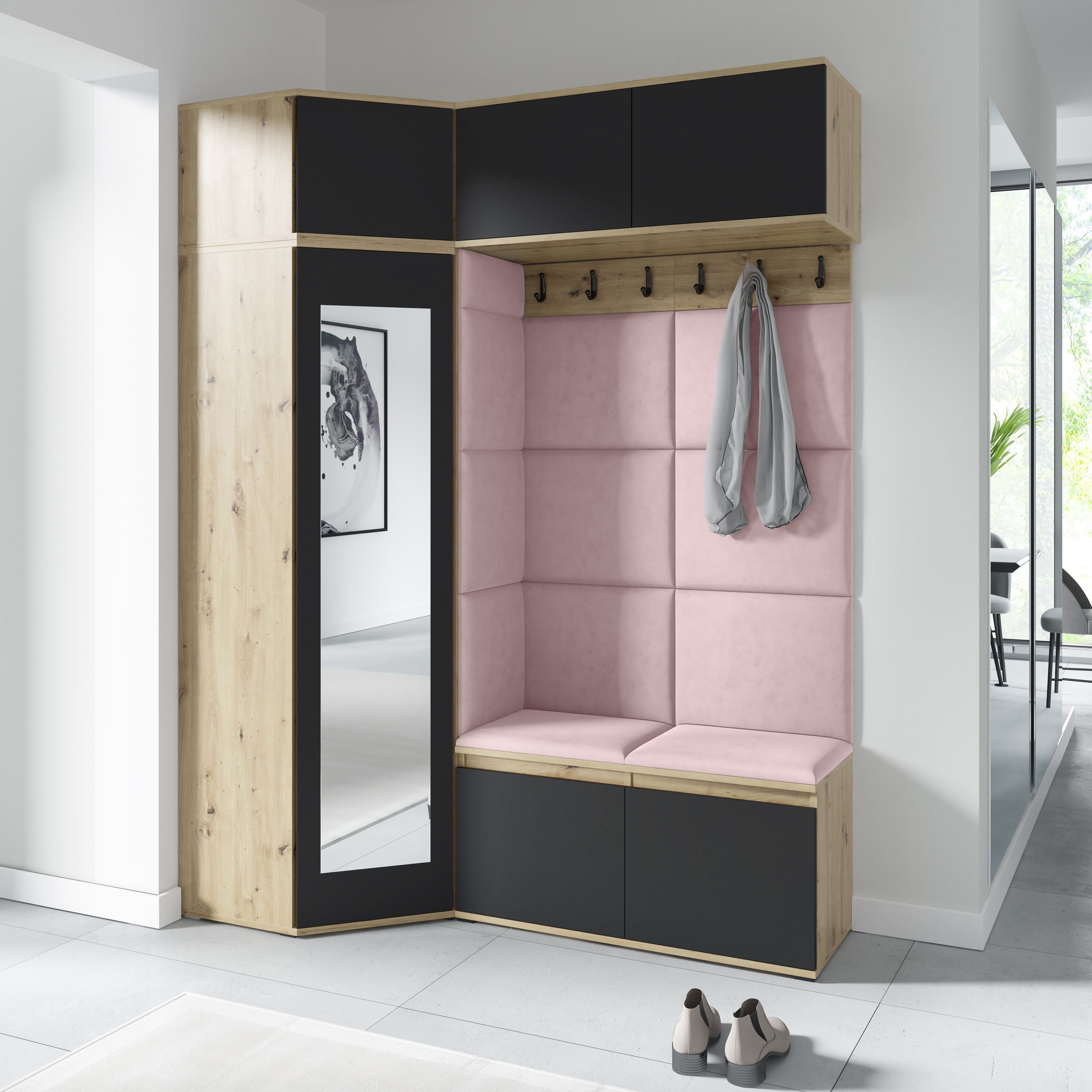 PK Emi 38 Hallway Wardrobe Aristan Oak\Black - Upholstered Panels in Various Colours