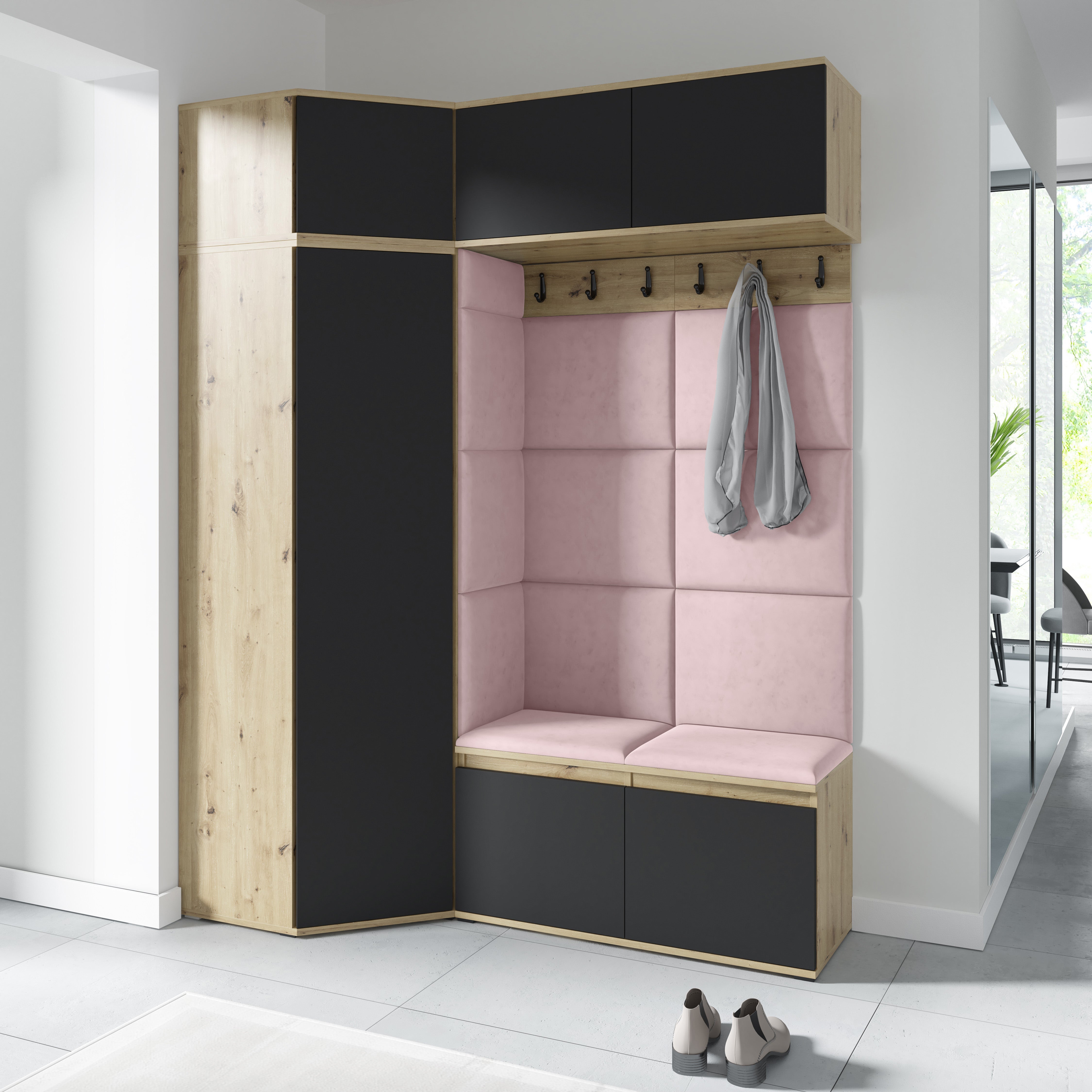 PK Emi 38 Hallway Wardrobe Aristan Oak\Black - Upholstered Panels in Various Colours