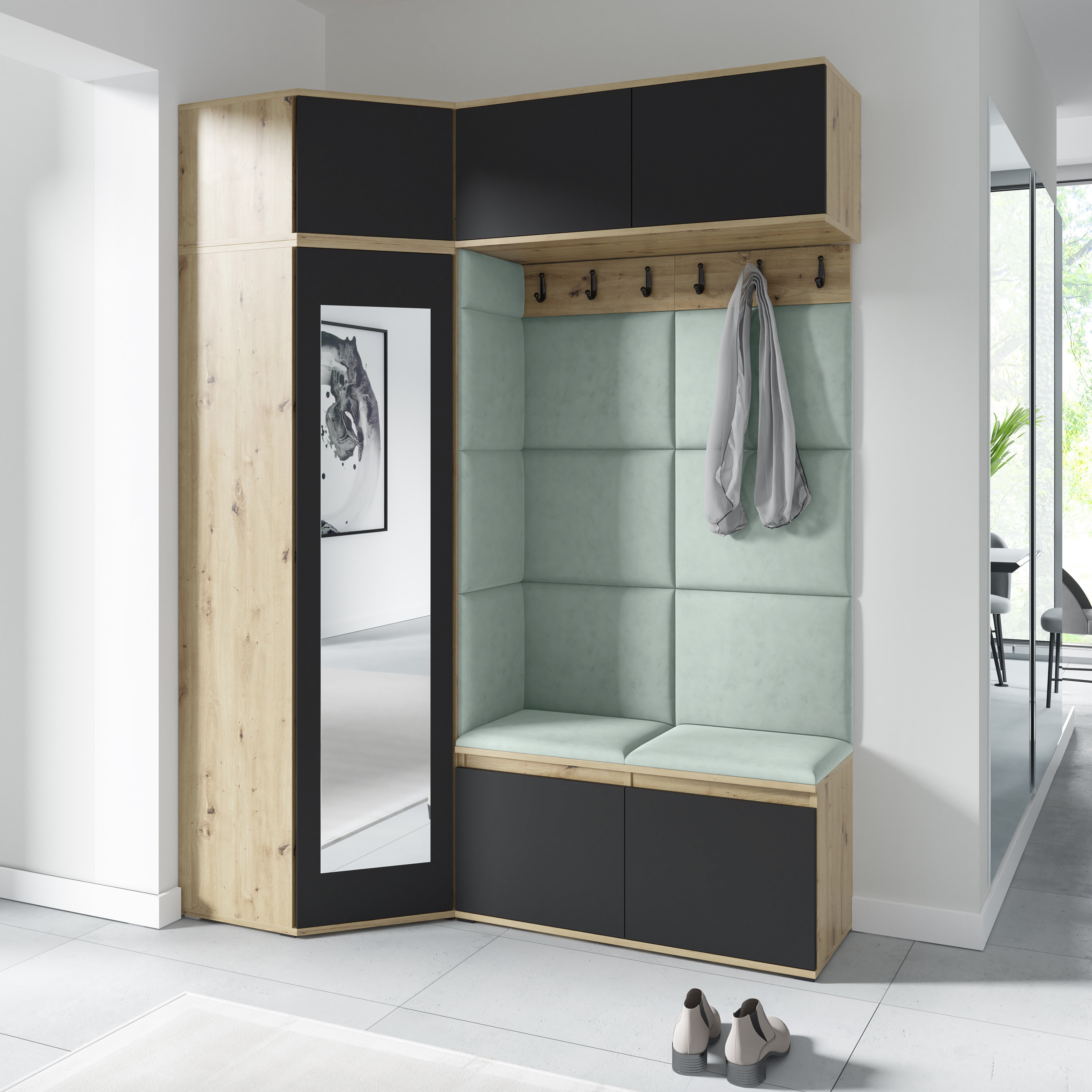 PK Emi 38 Hallway Wardrobe Aristan Oak\Black - Upholstered Panels in Various Colours