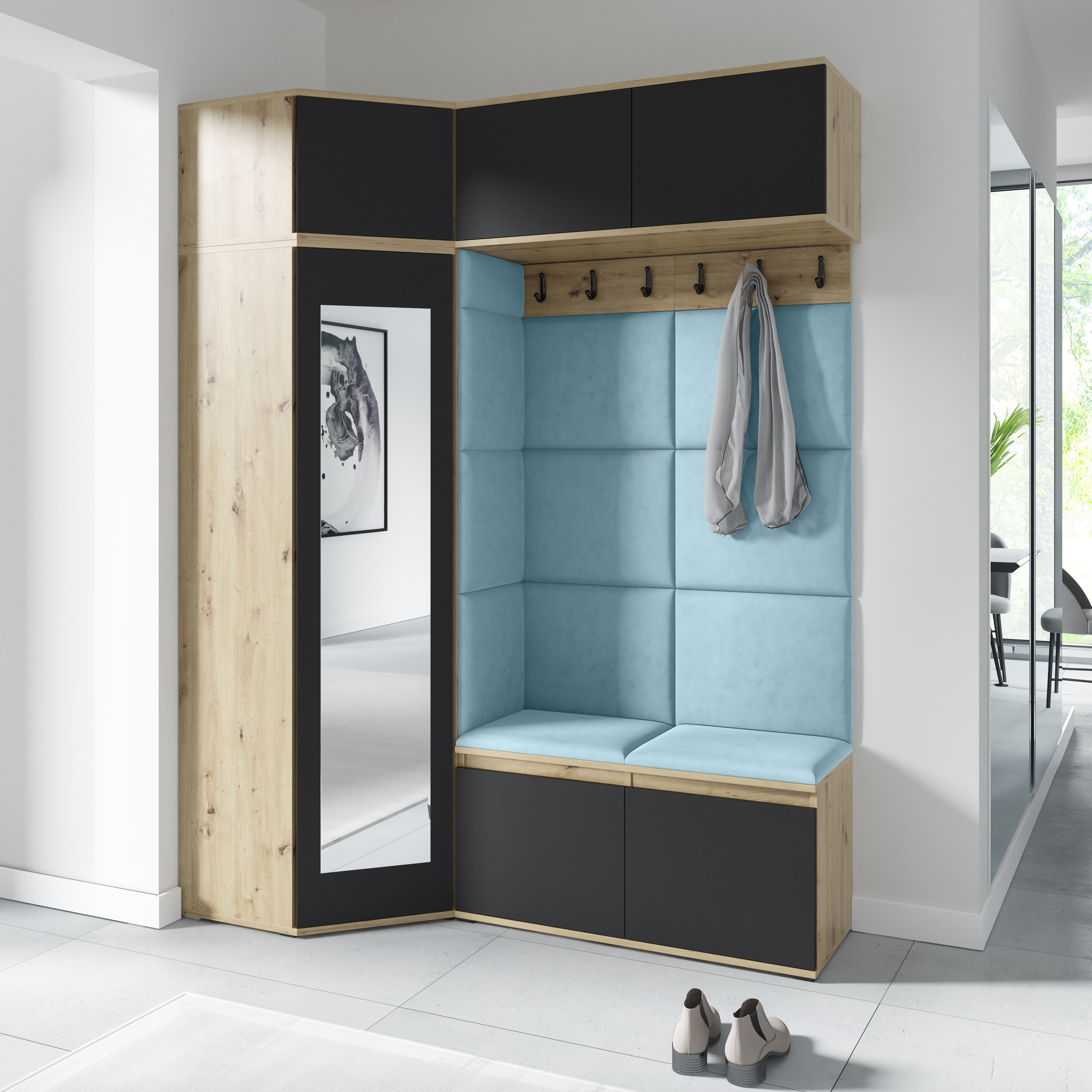 PK Emi 38 Hallway Wardrobe Aristan Oak\Black - Upholstered Panels in Various Colours