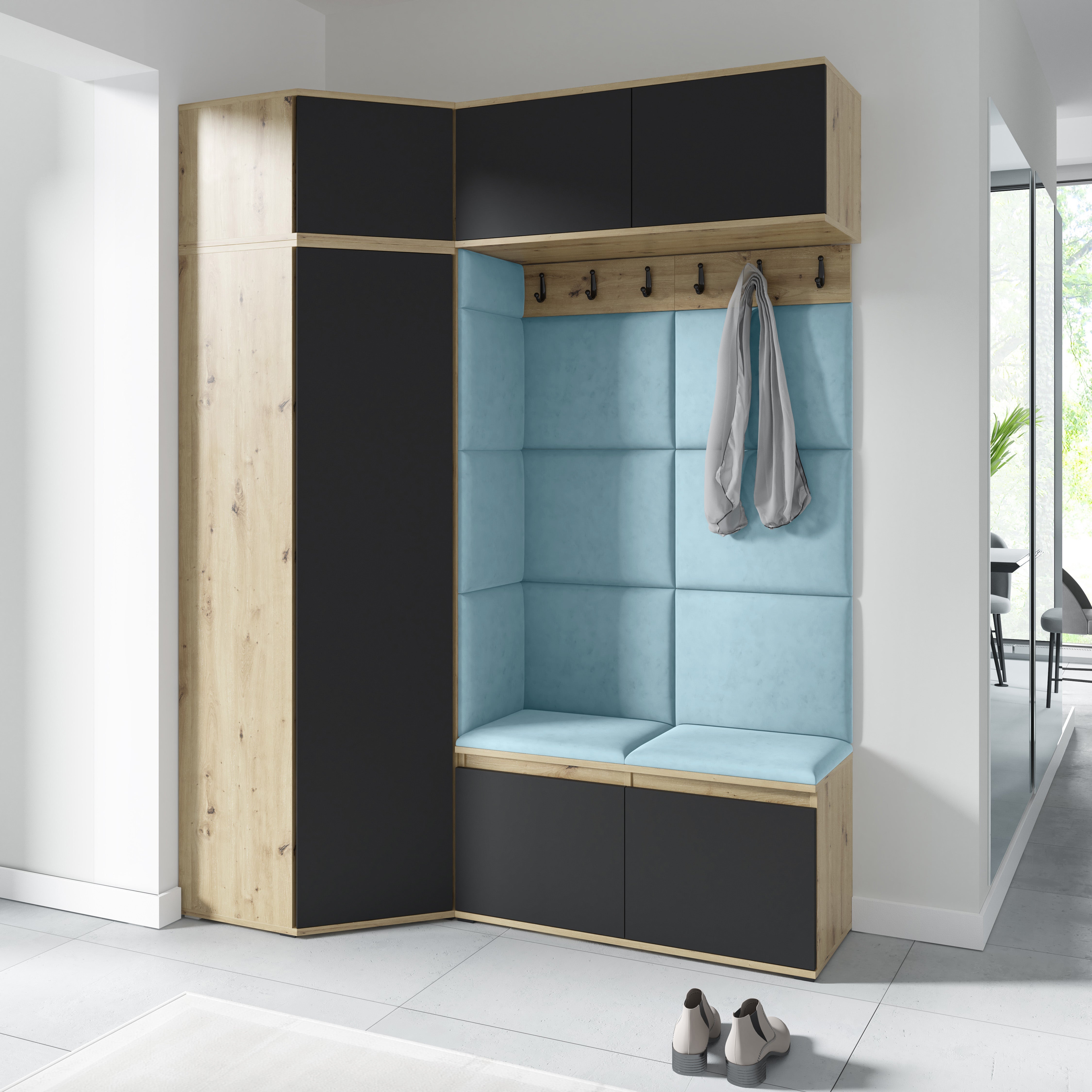 PK Emi 38 Hallway Wardrobe Aristan Oak\Black - Upholstered Panels in Various Colours