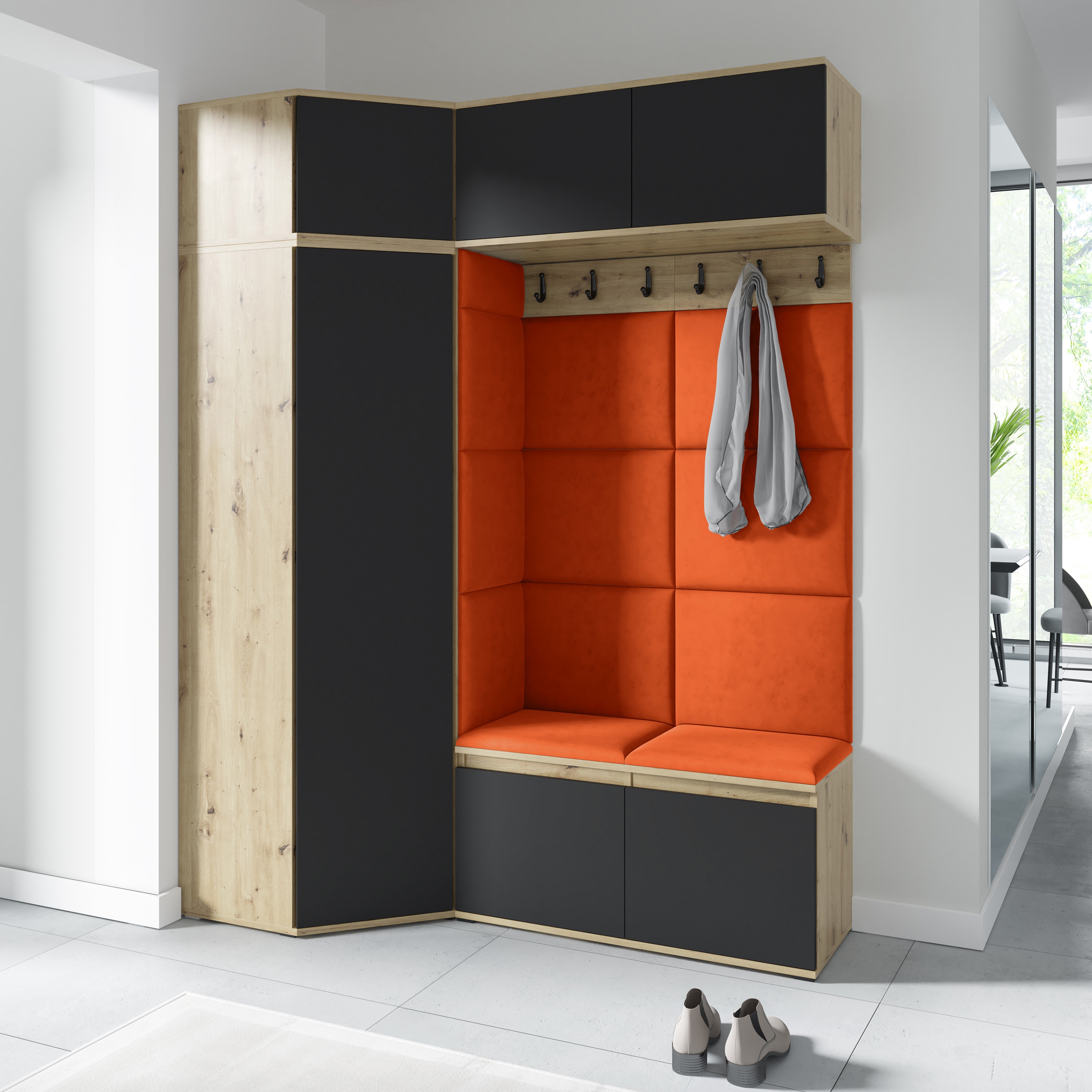 PK Emi 38 Hallway Wardrobe Aristan Oak\Black - Upholstered Panels in Various Colours