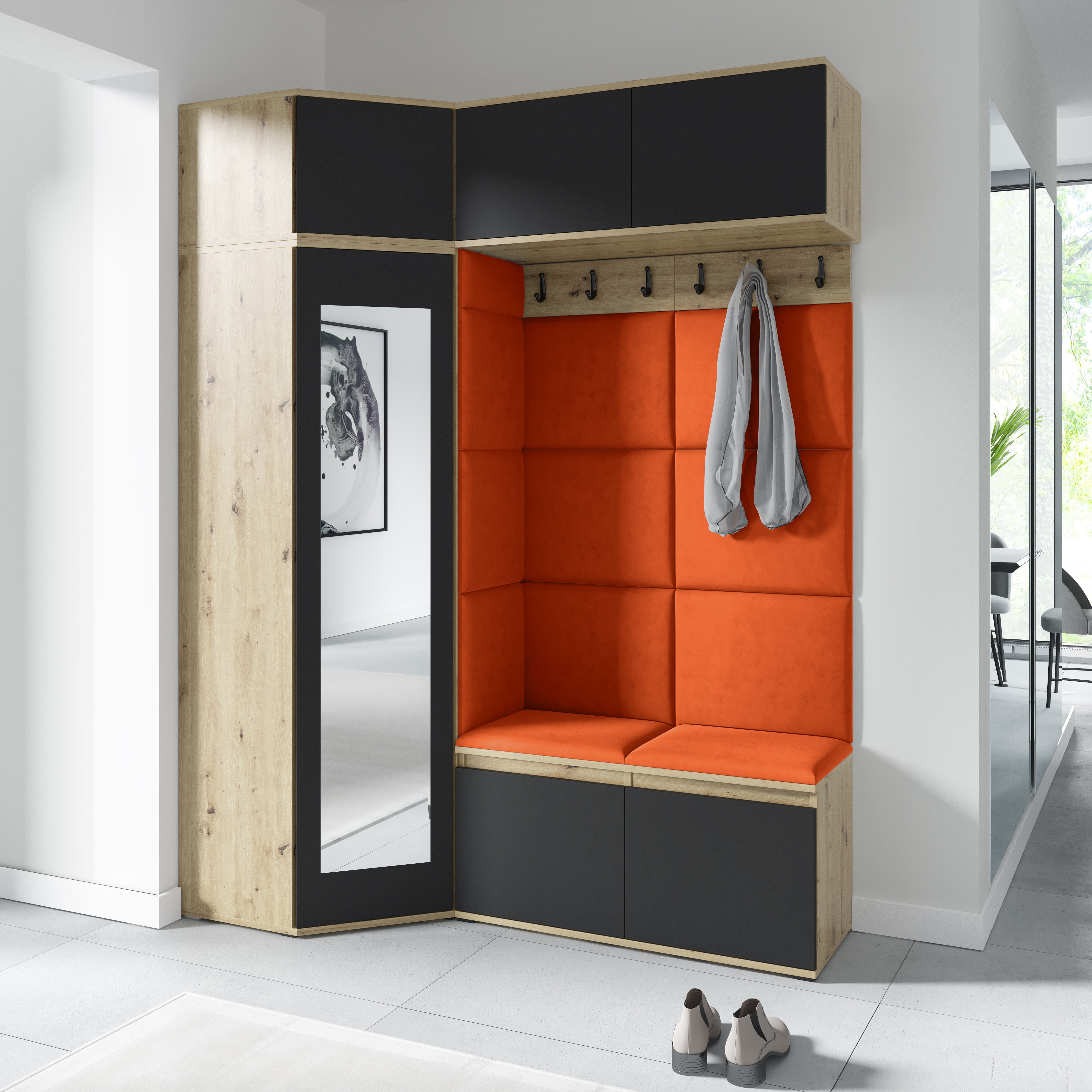 PK Emi 38 Hallway Wardrobe Aristan Oak\Black - Upholstered Panels in Various Colours