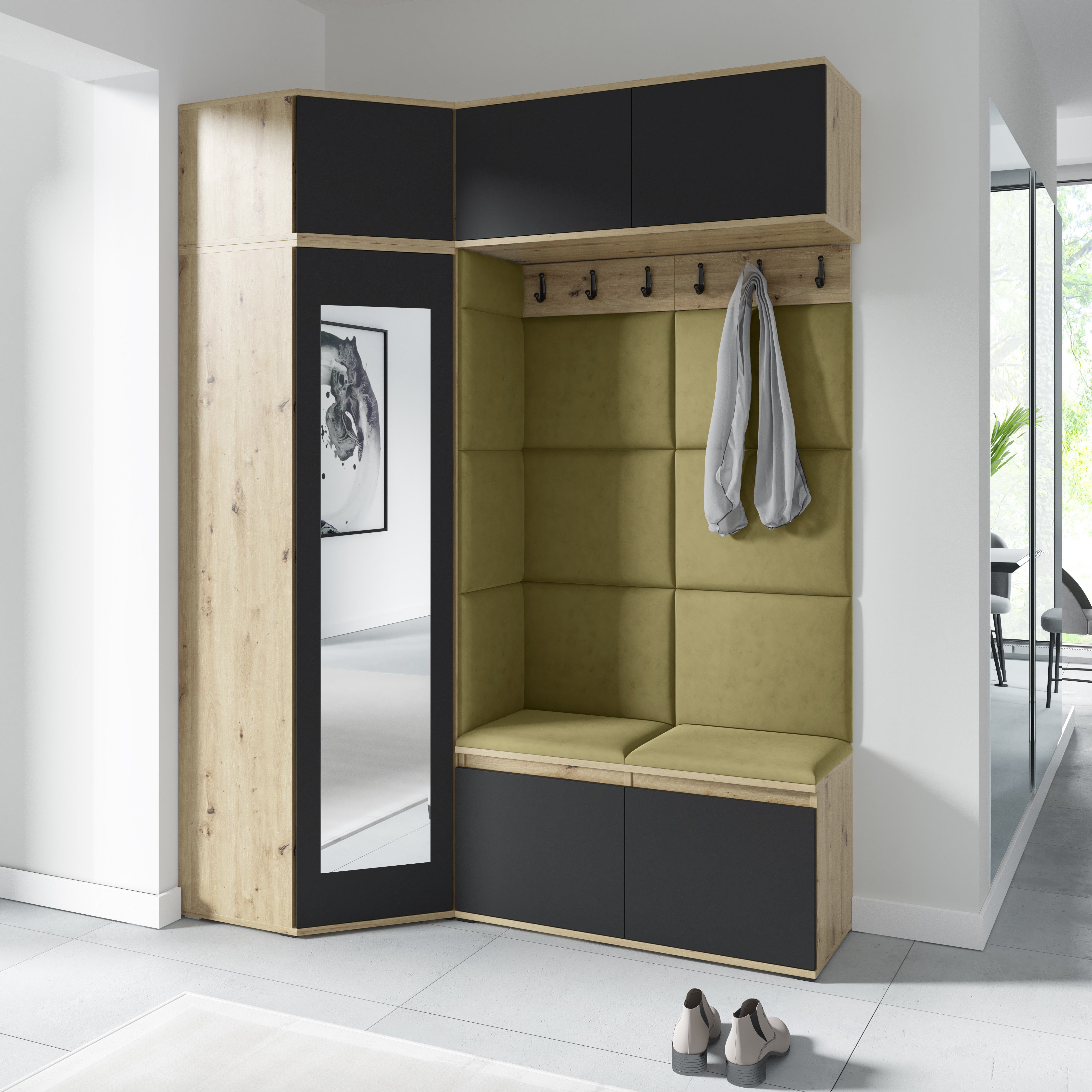 PK Emi 38 Hallway Wardrobe Aristan Oak\Black - Upholstered Panels in Various Colours