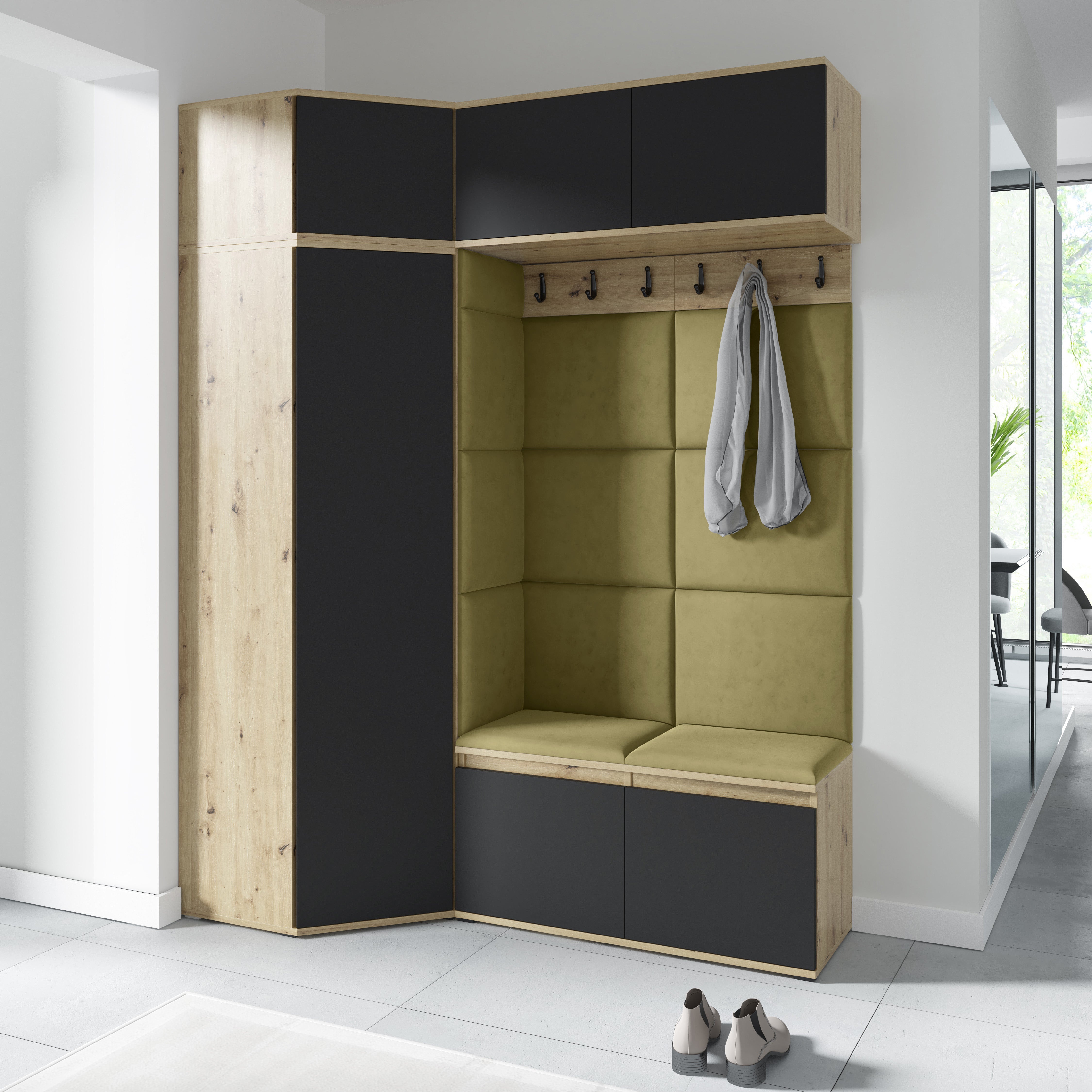 PK Emi 38 Hallway Wardrobe Aristan Oak\Black - Upholstered Panels in Various Colours