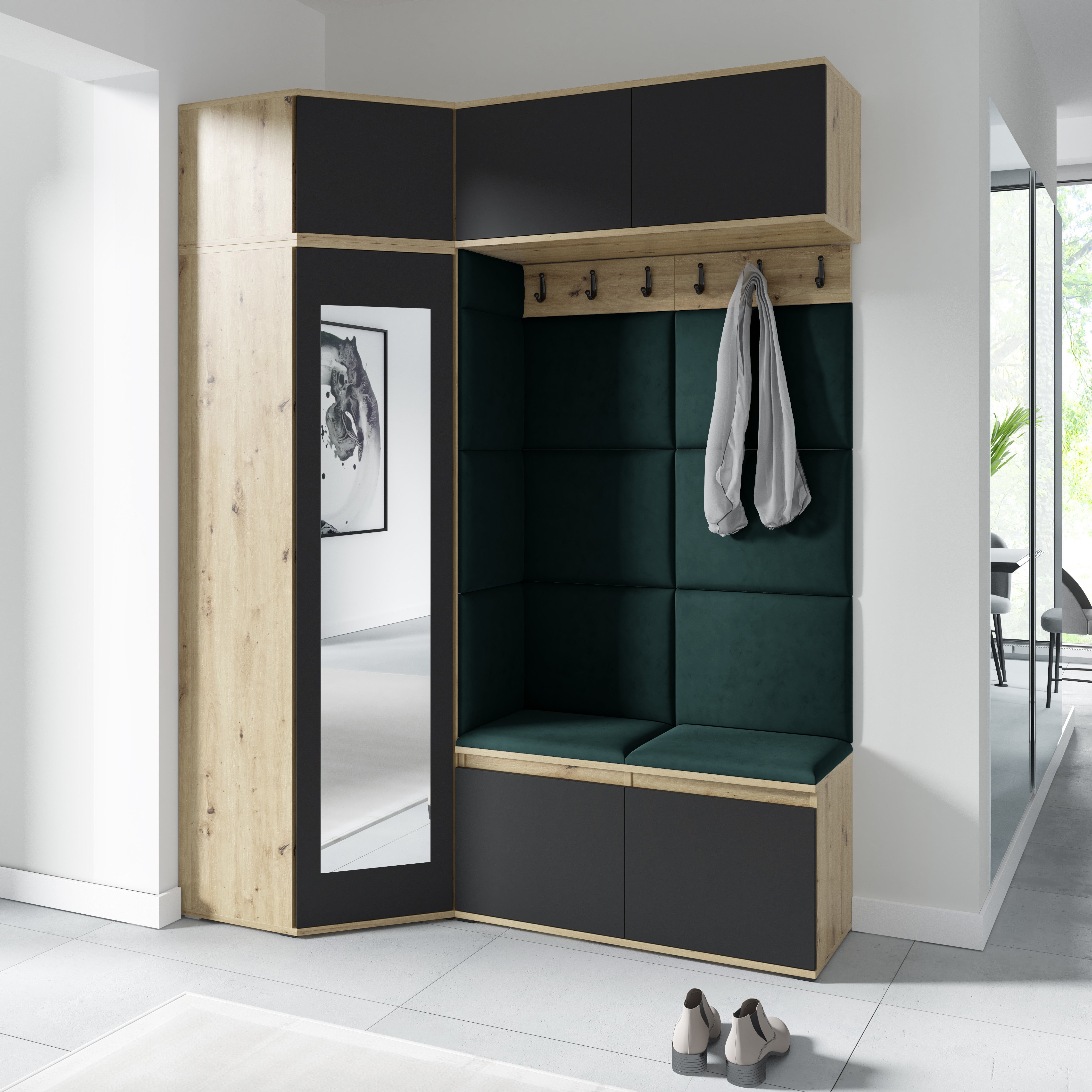 PK Emi 38 Hallway Wardrobe Aristan Oak\Black - Upholstered Panels in Various Colours