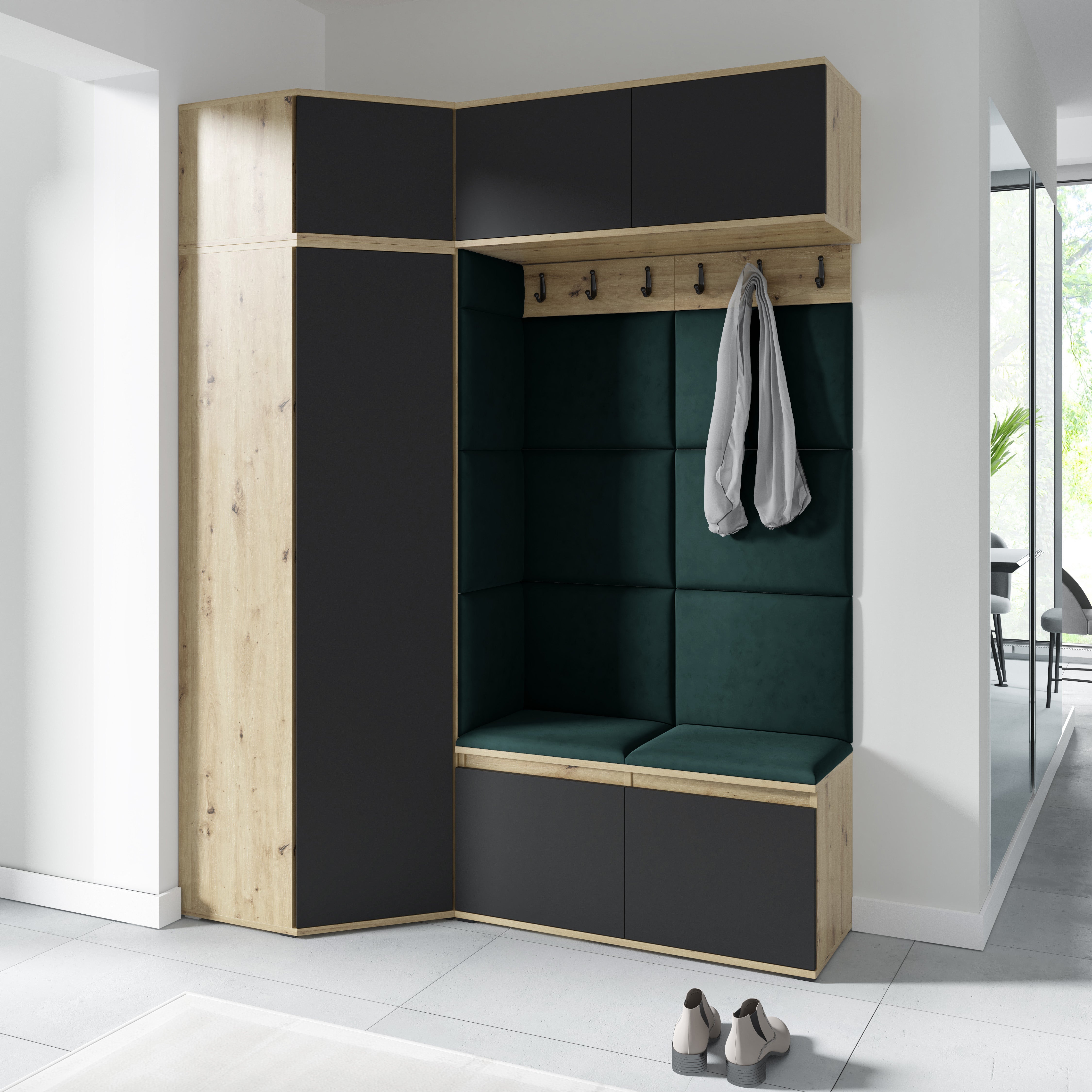 PK Emi 38 Hallway Wardrobe Aristan Oak\Black - Upholstered Panels in Various Colours
