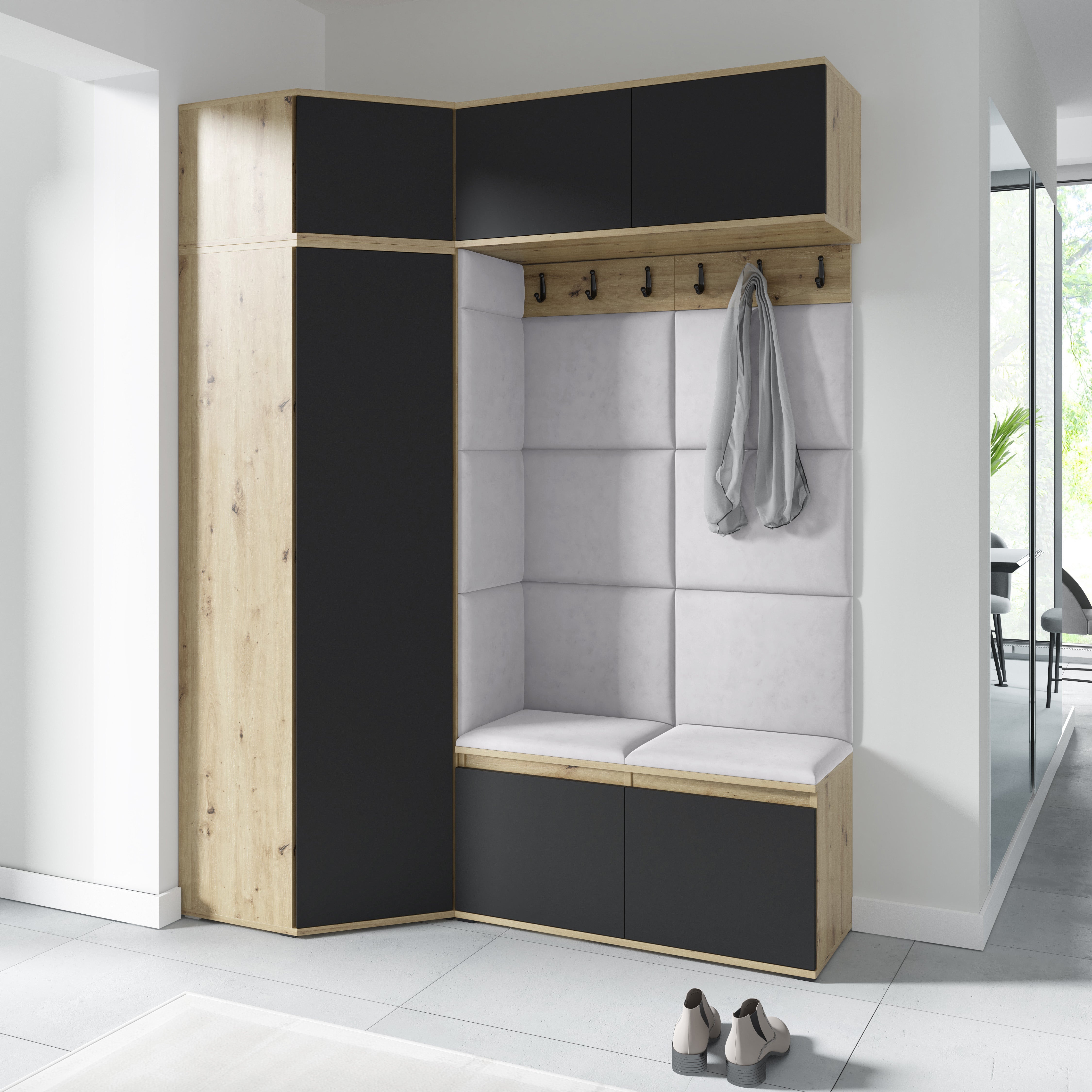 PK Emi 38 Hallway Wardrobe Aristan Oak\Black - Upholstered Panels in Various Colours