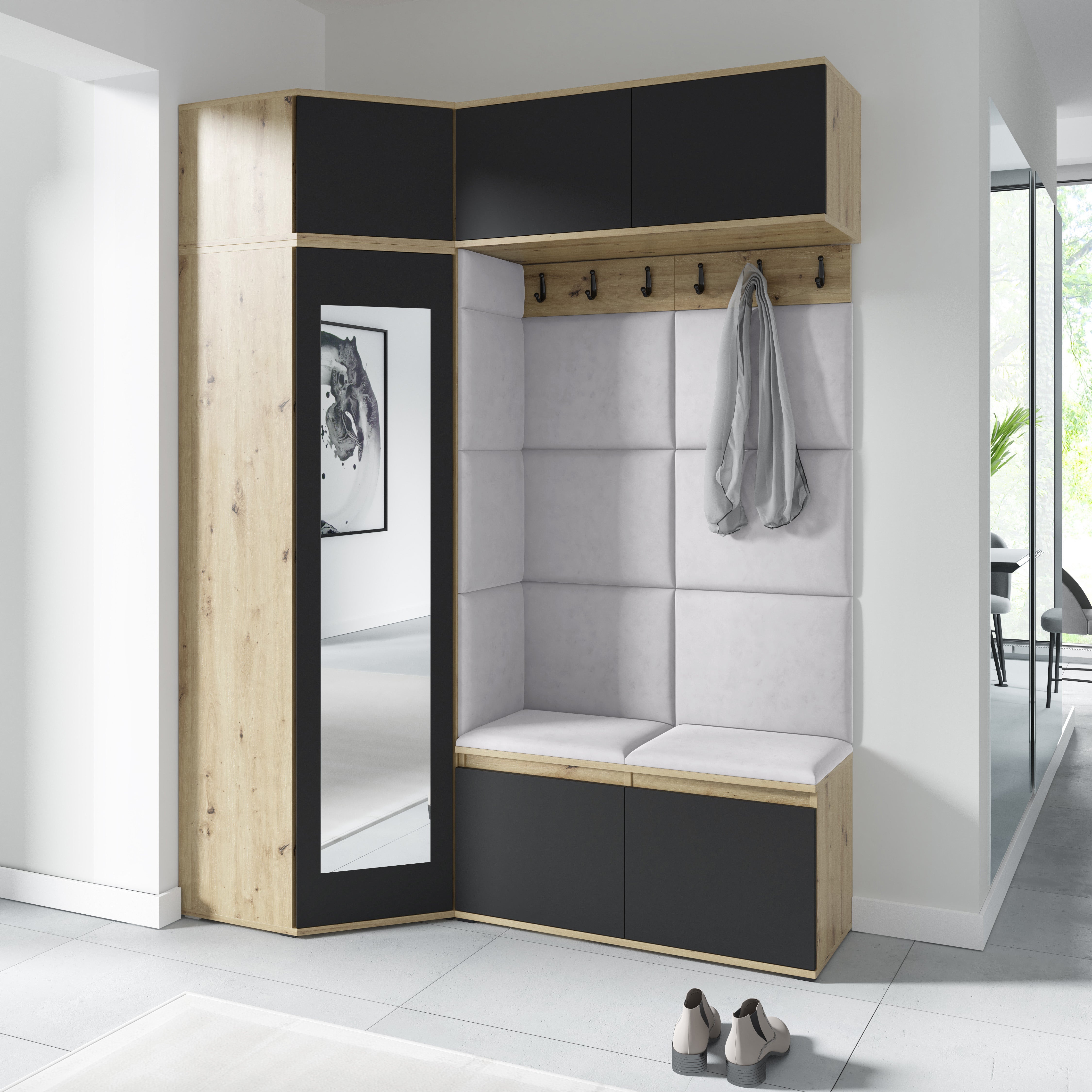 PK Emi 38 Hallway Wardrobe Aristan Oak\Black - Upholstered Panels in Various Colours