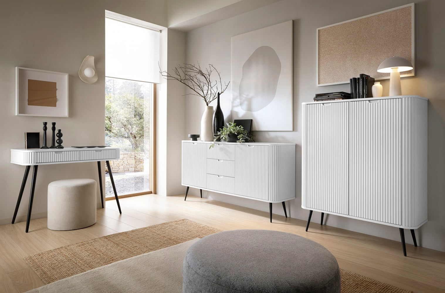 ZOVA Chest of Drawers with Two Doors and Three Drawers #color_White with black legs