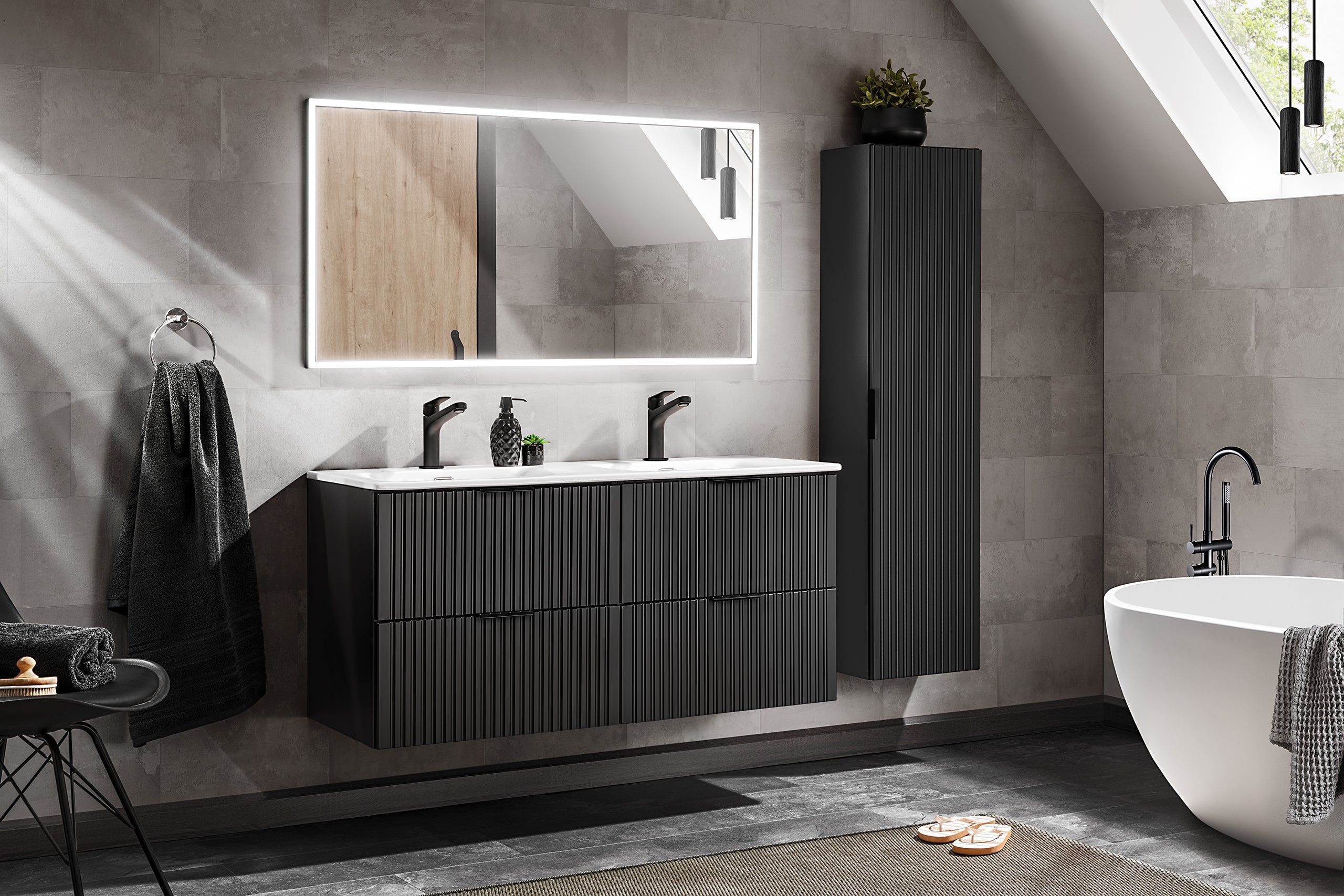 Adel Black Badezimmer mit Hochschrank Sky 120 cm SET-ADB B