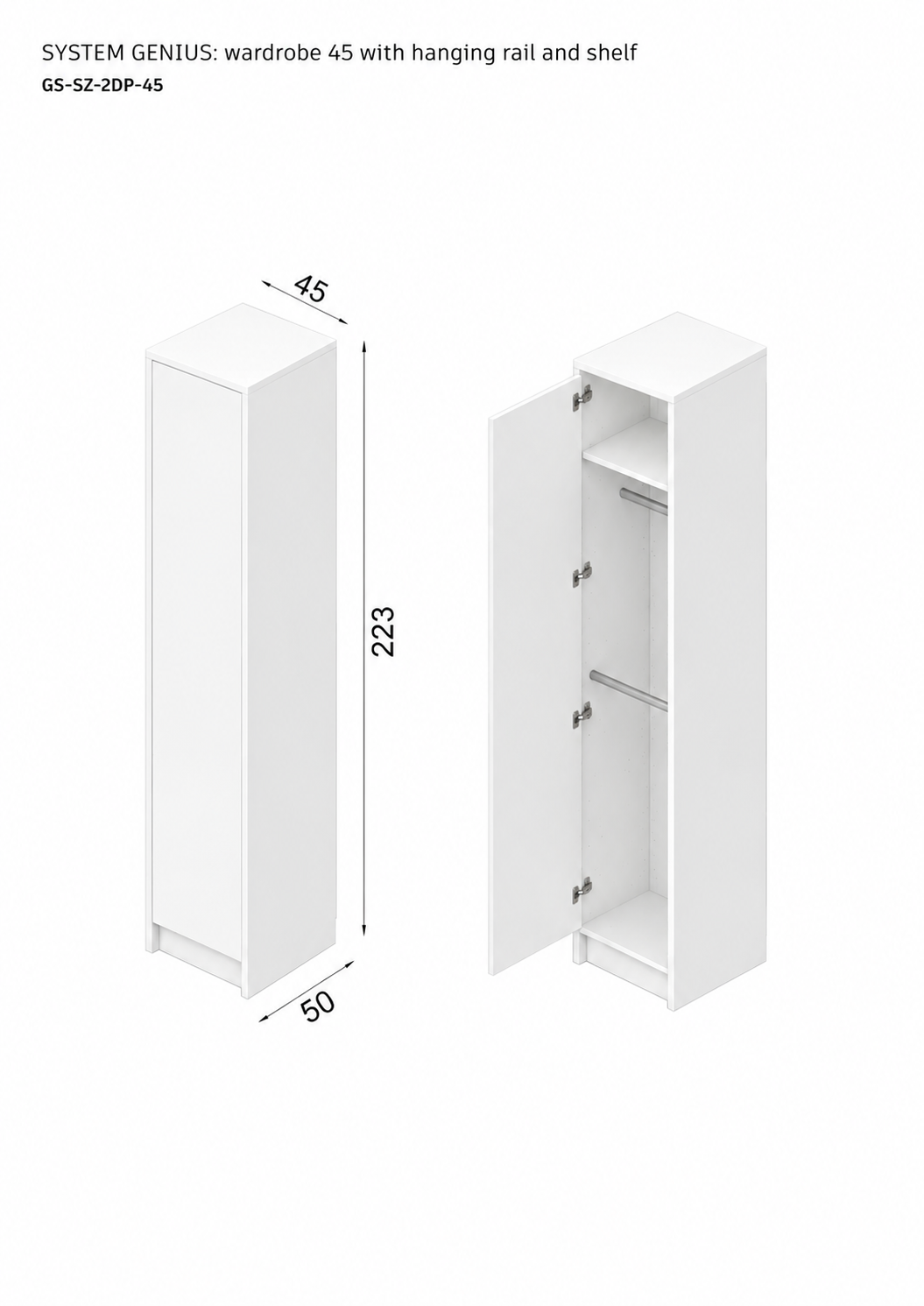 Genius Wardrobe 45 cm with Double Hanging Rail and Shelf