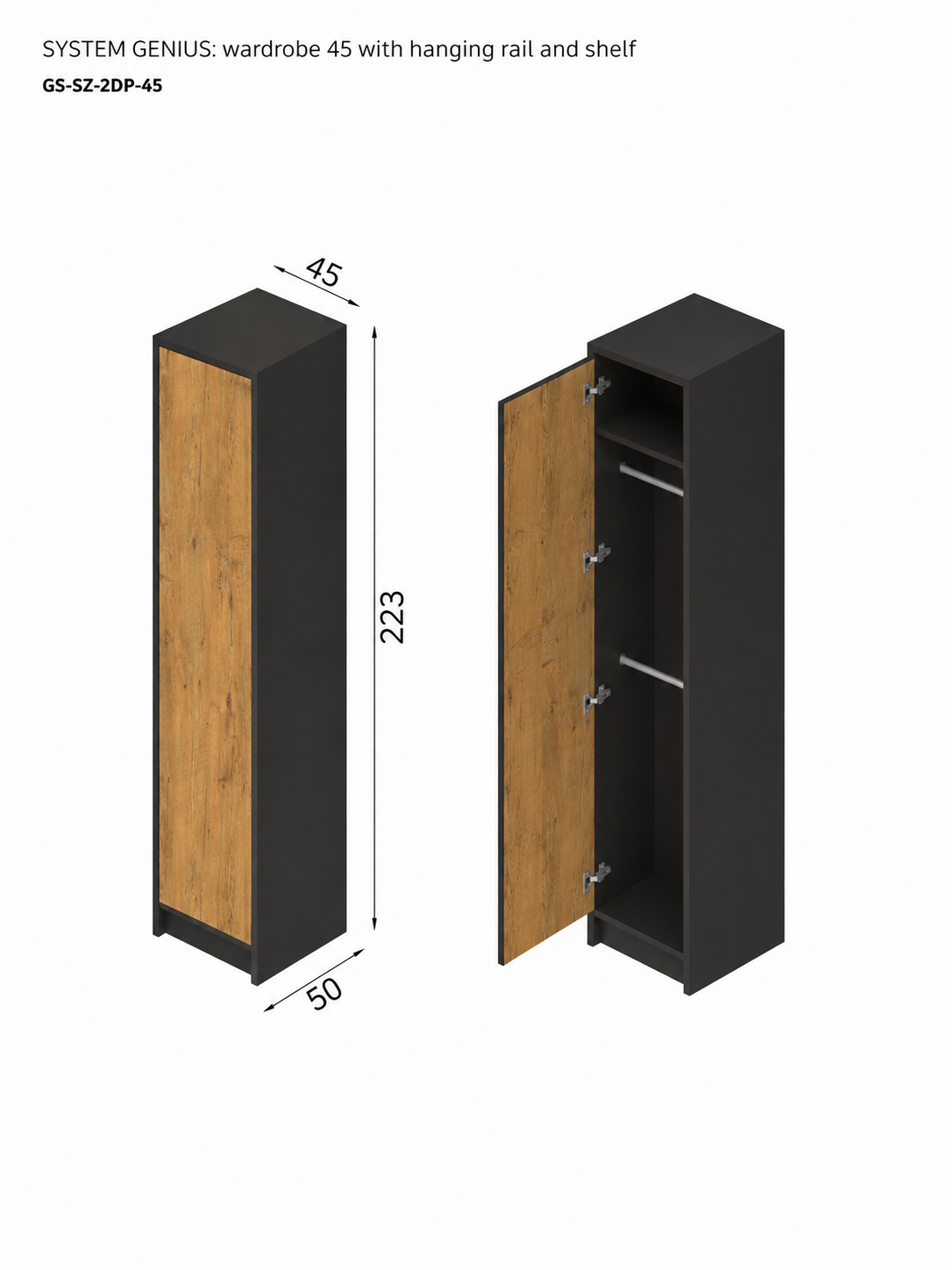 Genius Wardrobe 45 cm with Double Hanging Rail and Shelf