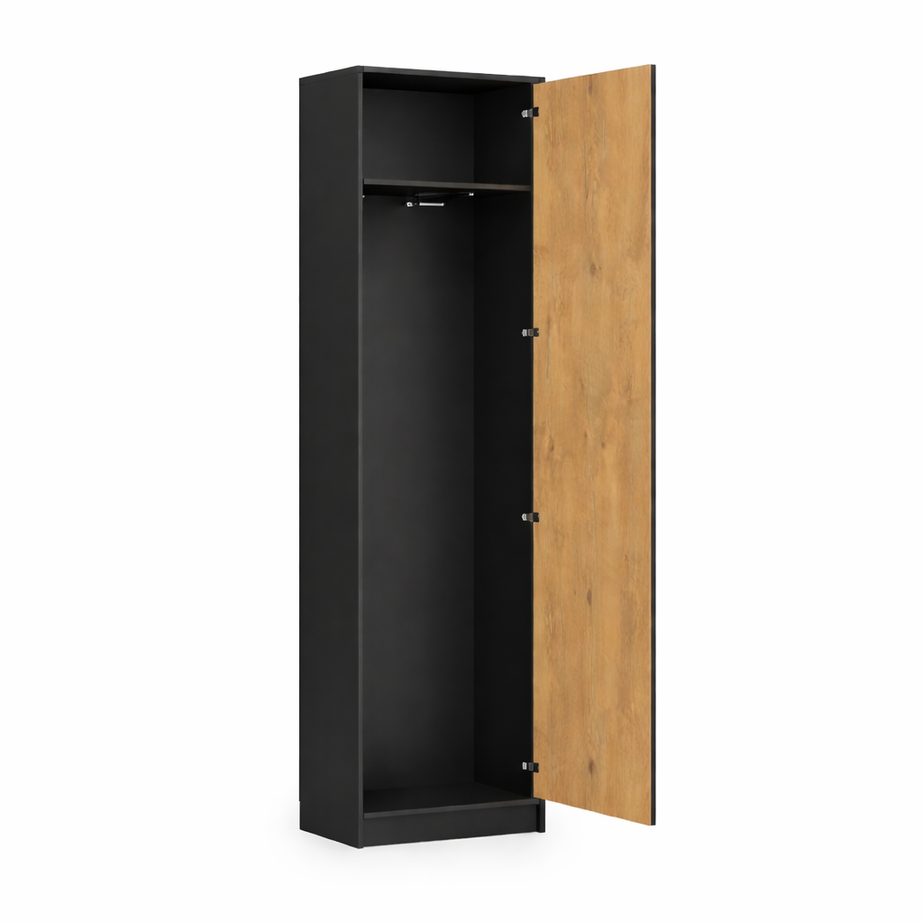 Einfacher Kleiderschrank mit Kleiderstange und Ablage.