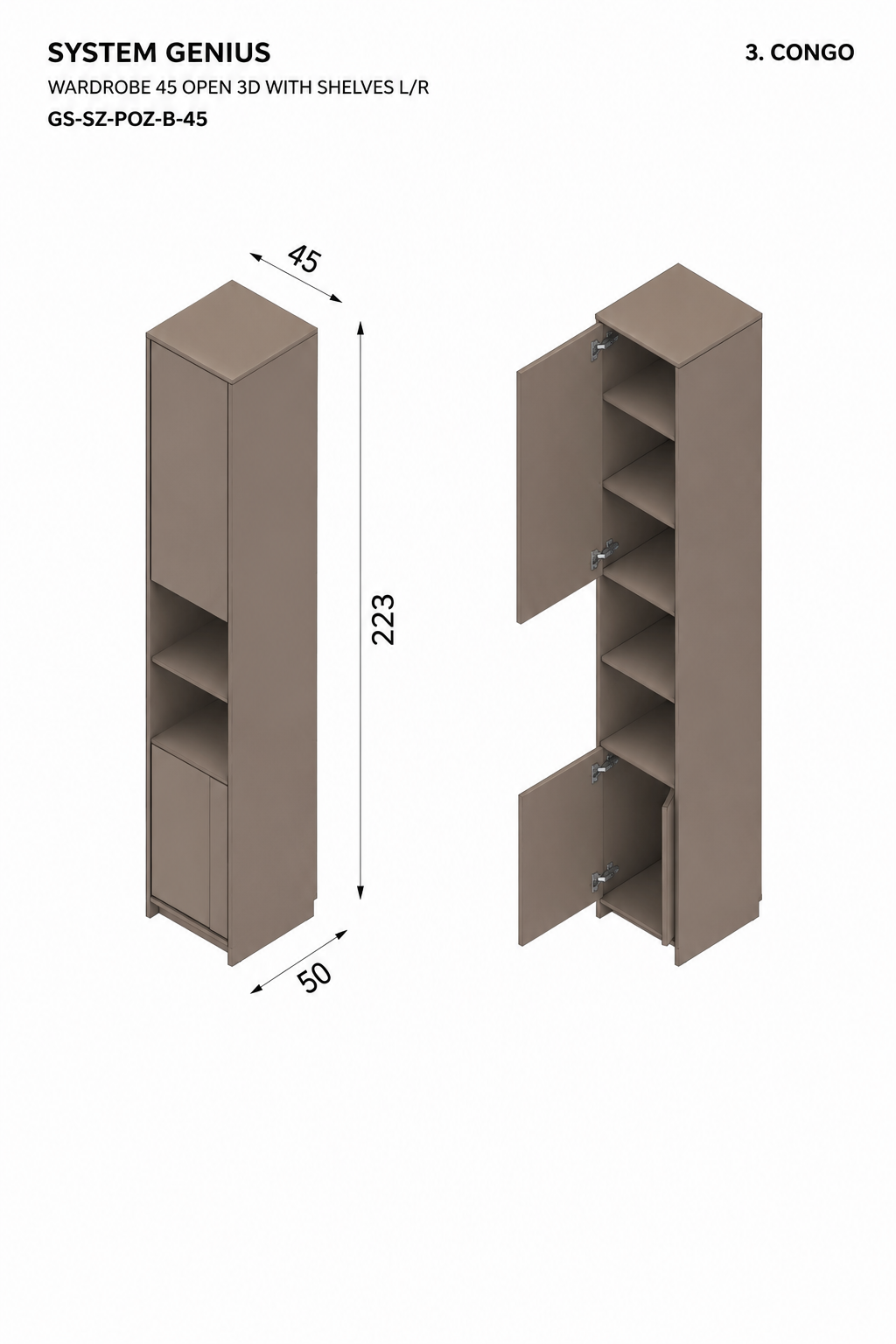 Genius Wardrobe 45 cm Open 3D with Shelves