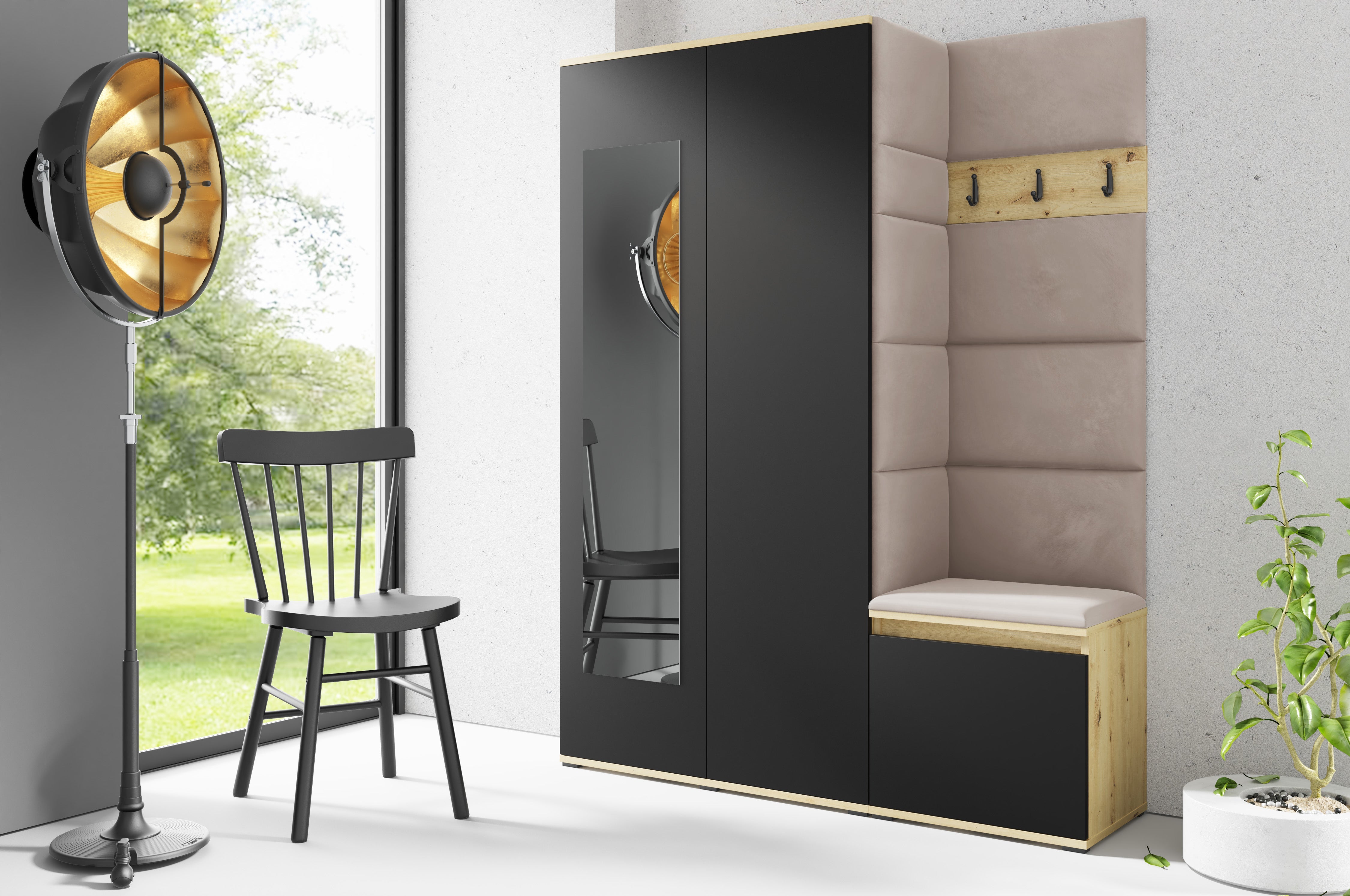 PK Emi 11 Flurgarderobe Artisan Eiche/Schwarz - Polsterpaneele in verschiedenen Farben