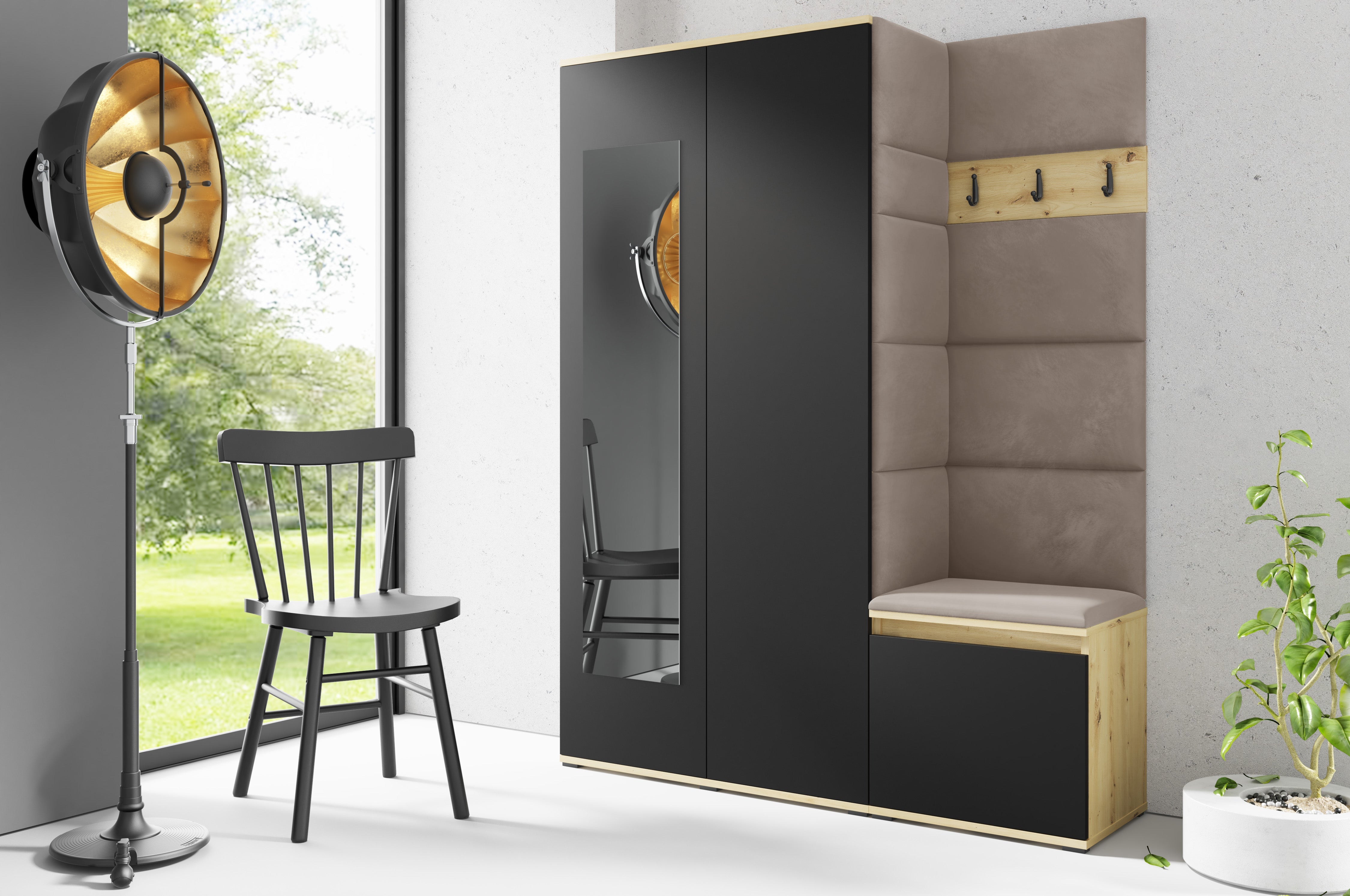 PK Emi 11 Flurgarderobe Artisan Eiche/Schwarz - Polsterpaneele in verschiedenen Farben