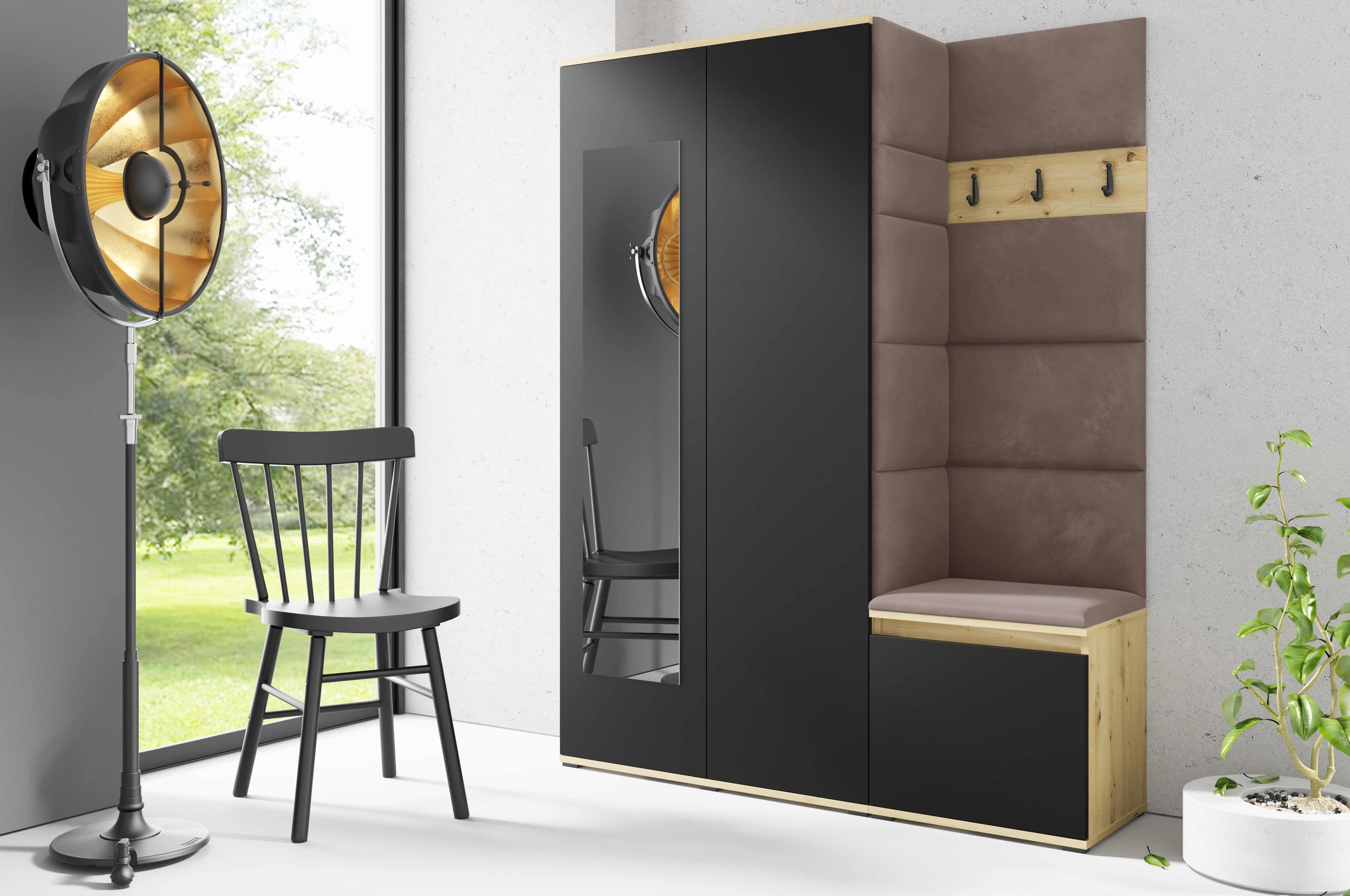 PK Emi 11 Flurgarderobe Artisan Eiche/Schwarz - Polsterpaneele in verschiedenen Farben