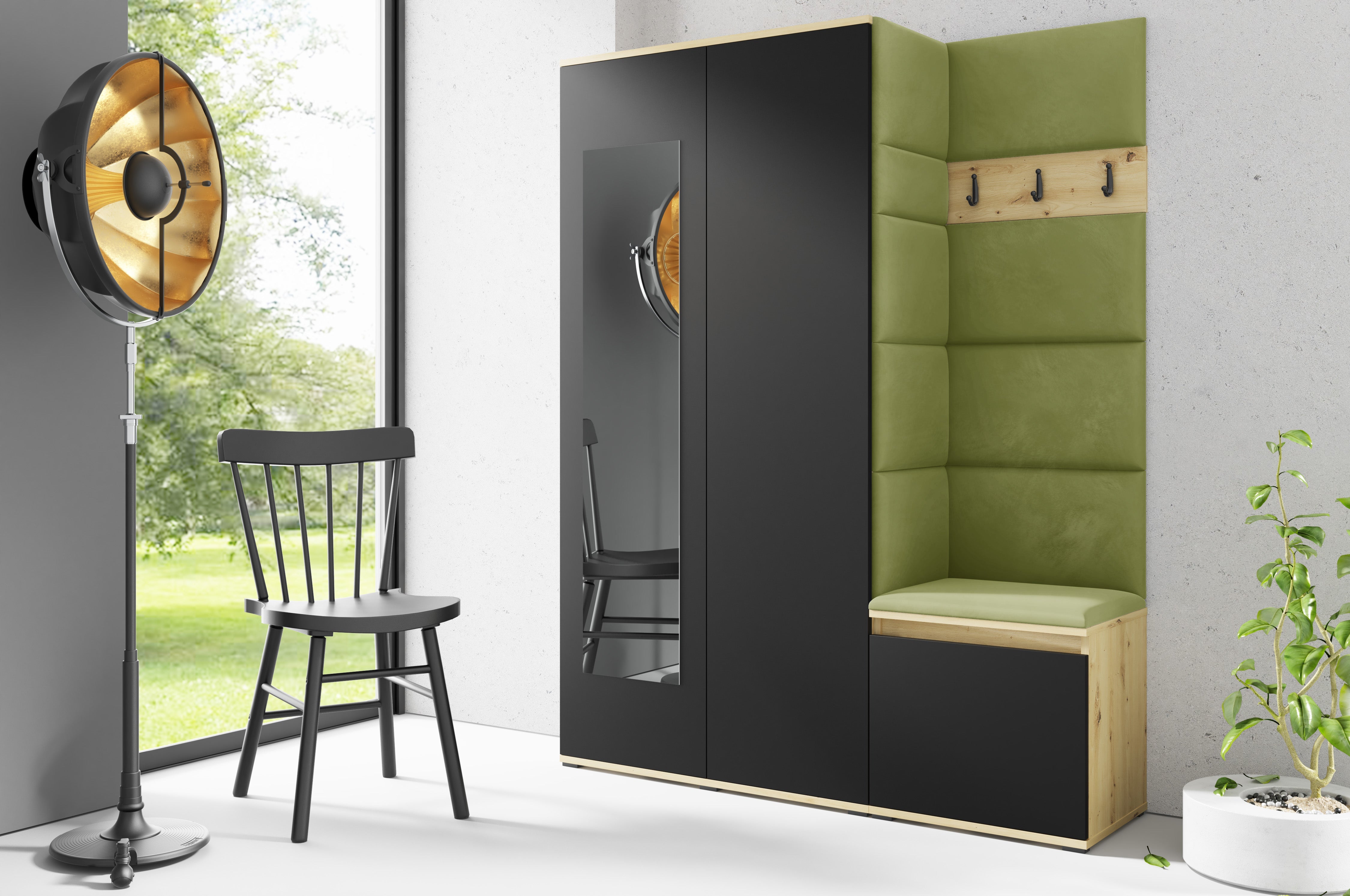 PK Emi 11 Flurgarderobe Artisan Eiche/Schwarz - Polsterpaneele in verschiedenen Farben