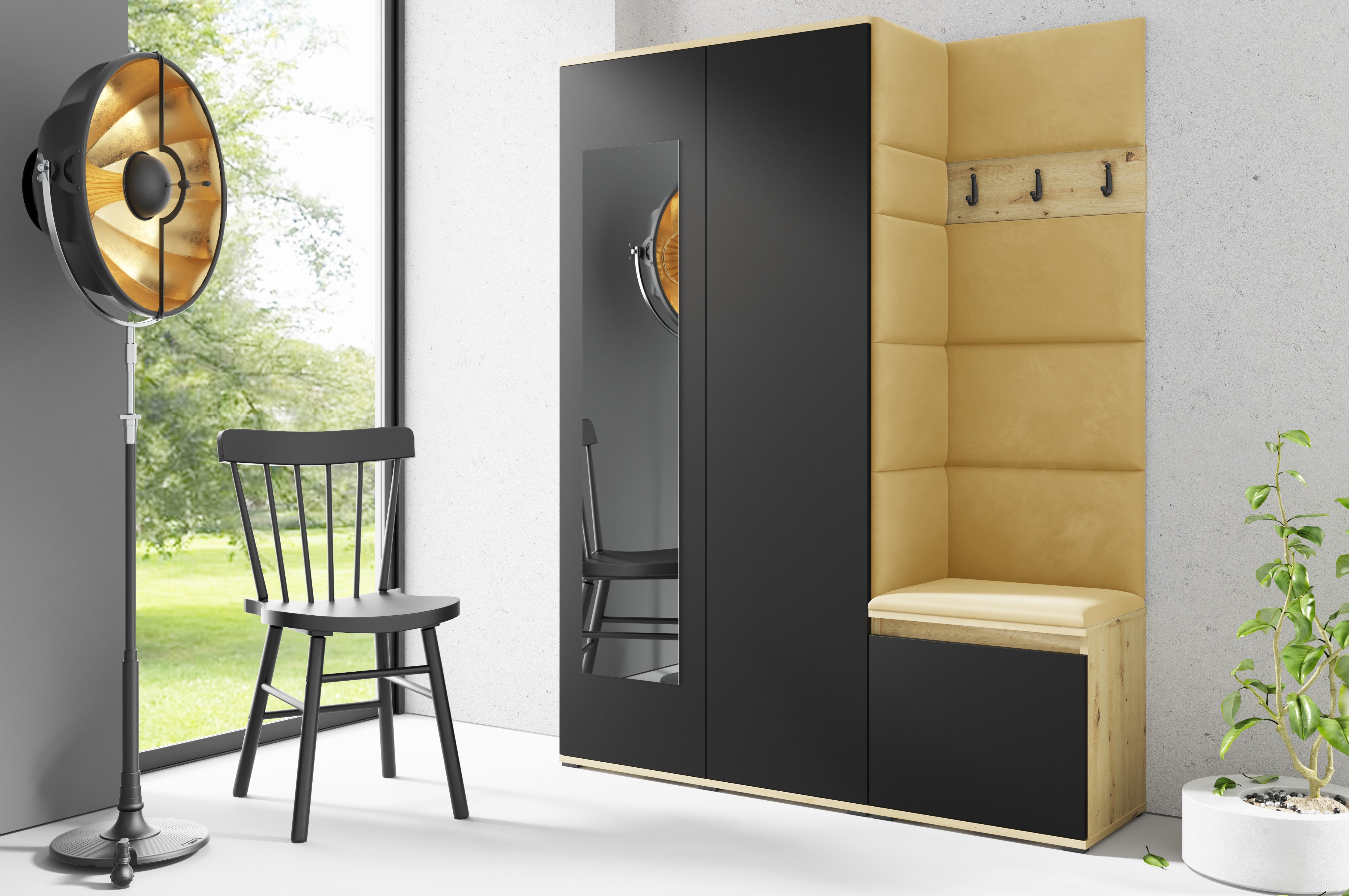 PK Emi 11 Flurgarderobe Artisan Eiche/Schwarz - Polsterpaneele in verschiedenen Farben