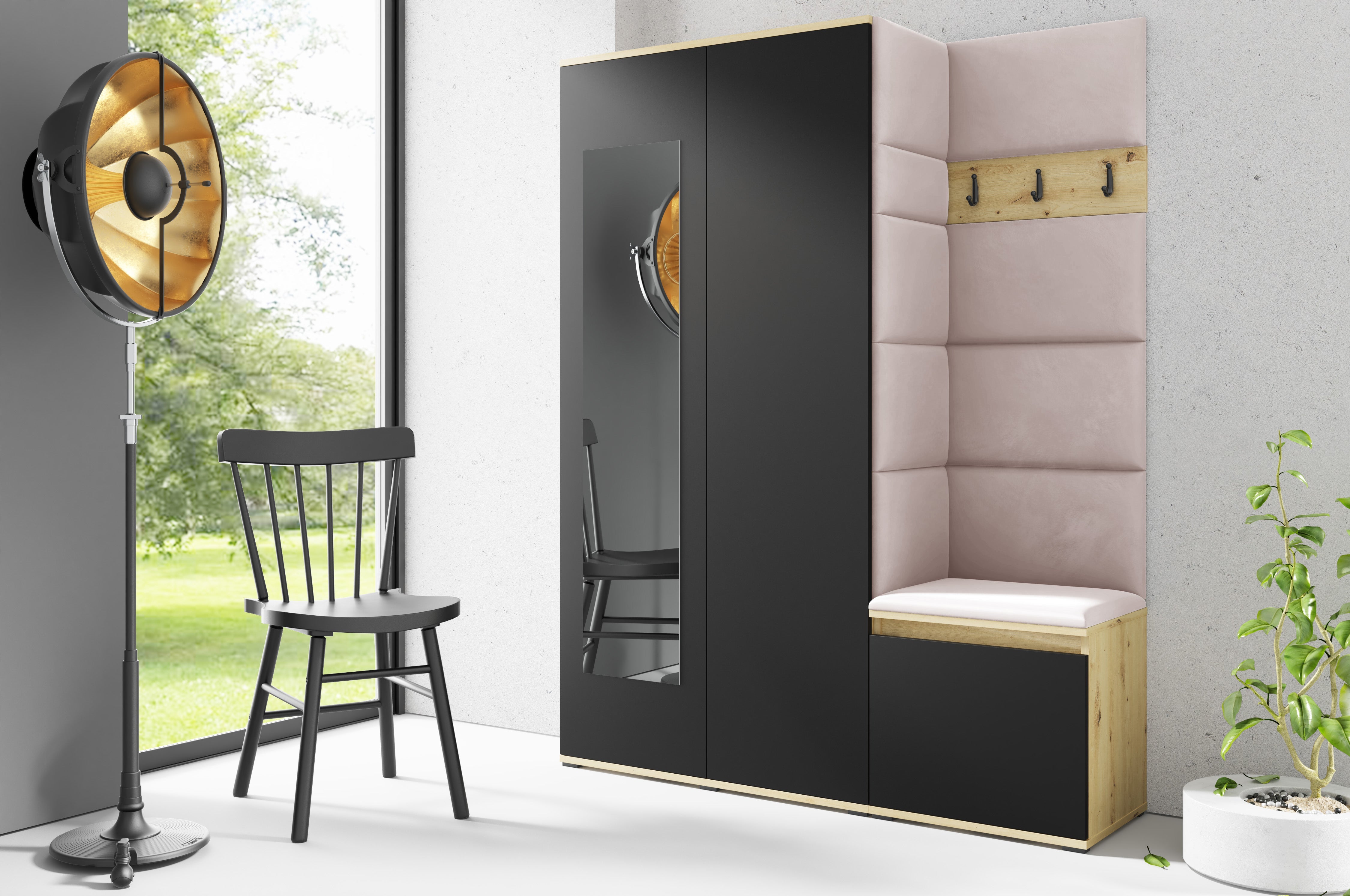 PK Emi 11 Flurgarderobe Artisan Eiche/Schwarz - Polsterpaneele in verschiedenen Farben