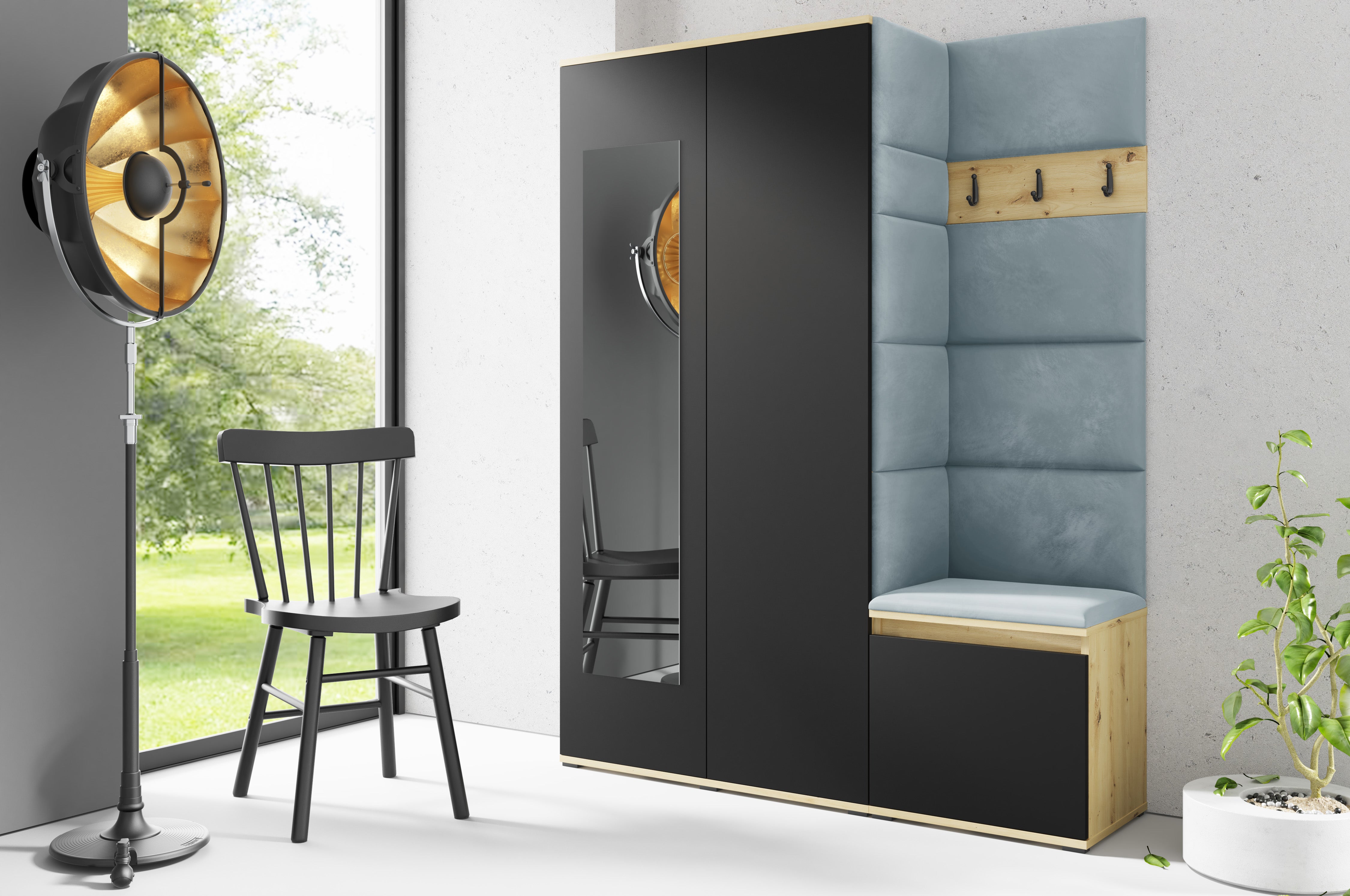 PK Emi 11 Flurgarderobe Artisan Eiche/Schwarz - Polsterpaneele in verschiedenen Farben