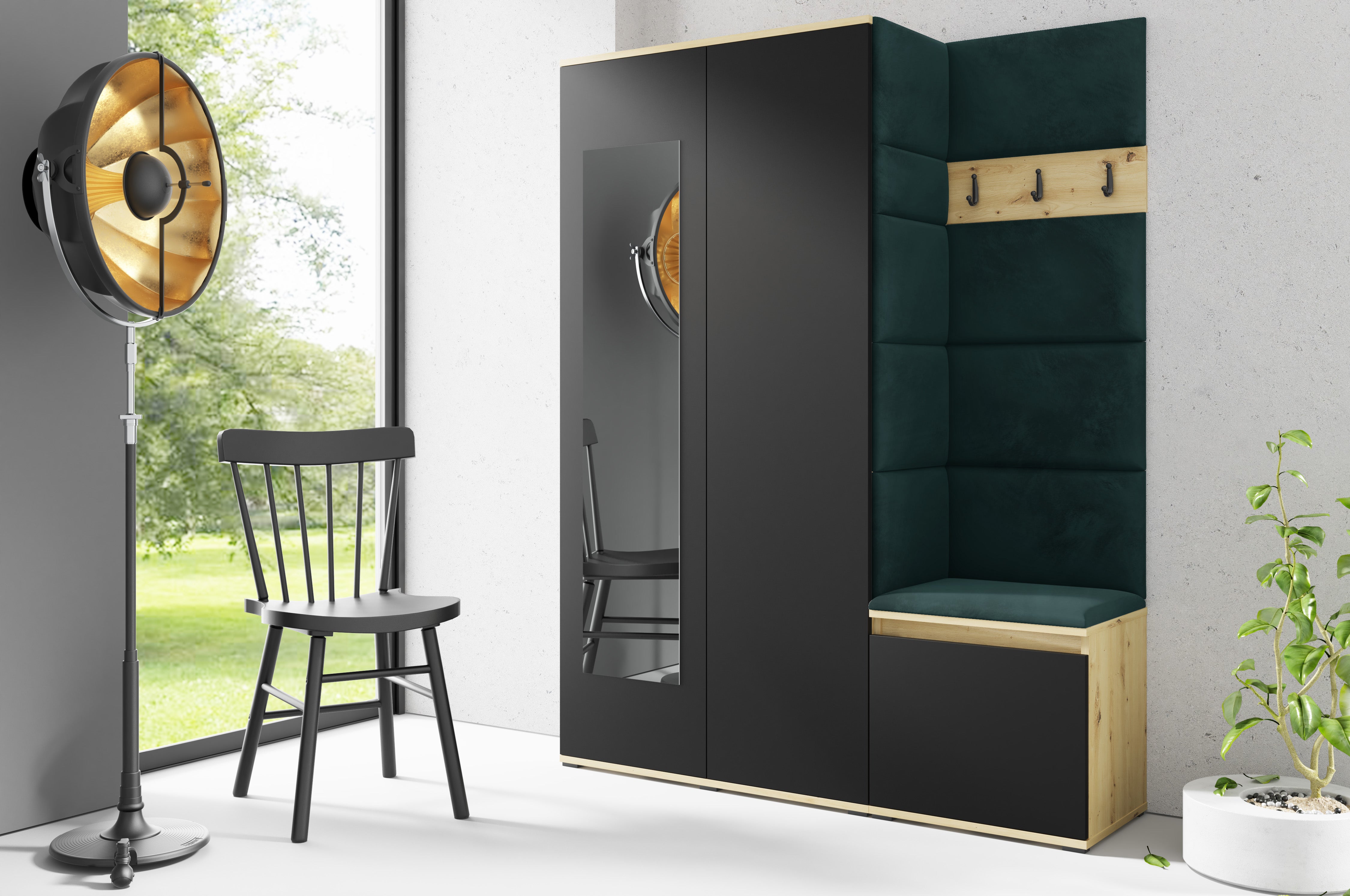 PK Emi 11 Flurgarderobe Artisan Eiche/Schwarz - Polsterpaneele in verschiedenen Farben