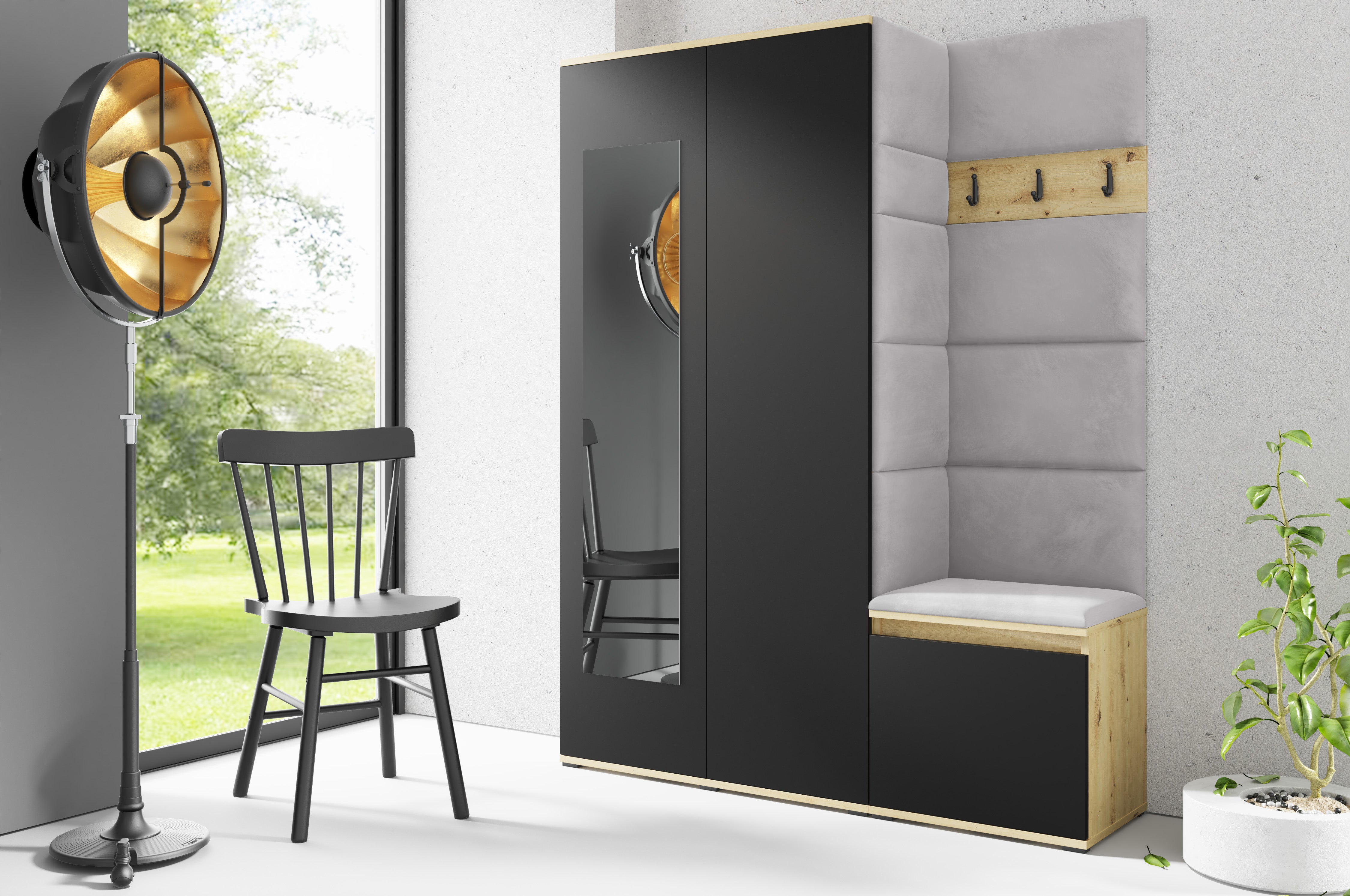 PK Emi 11 Flurgarderobe Artisan Eiche/Schwarz - Polsterpaneele in verschiedenen Farben