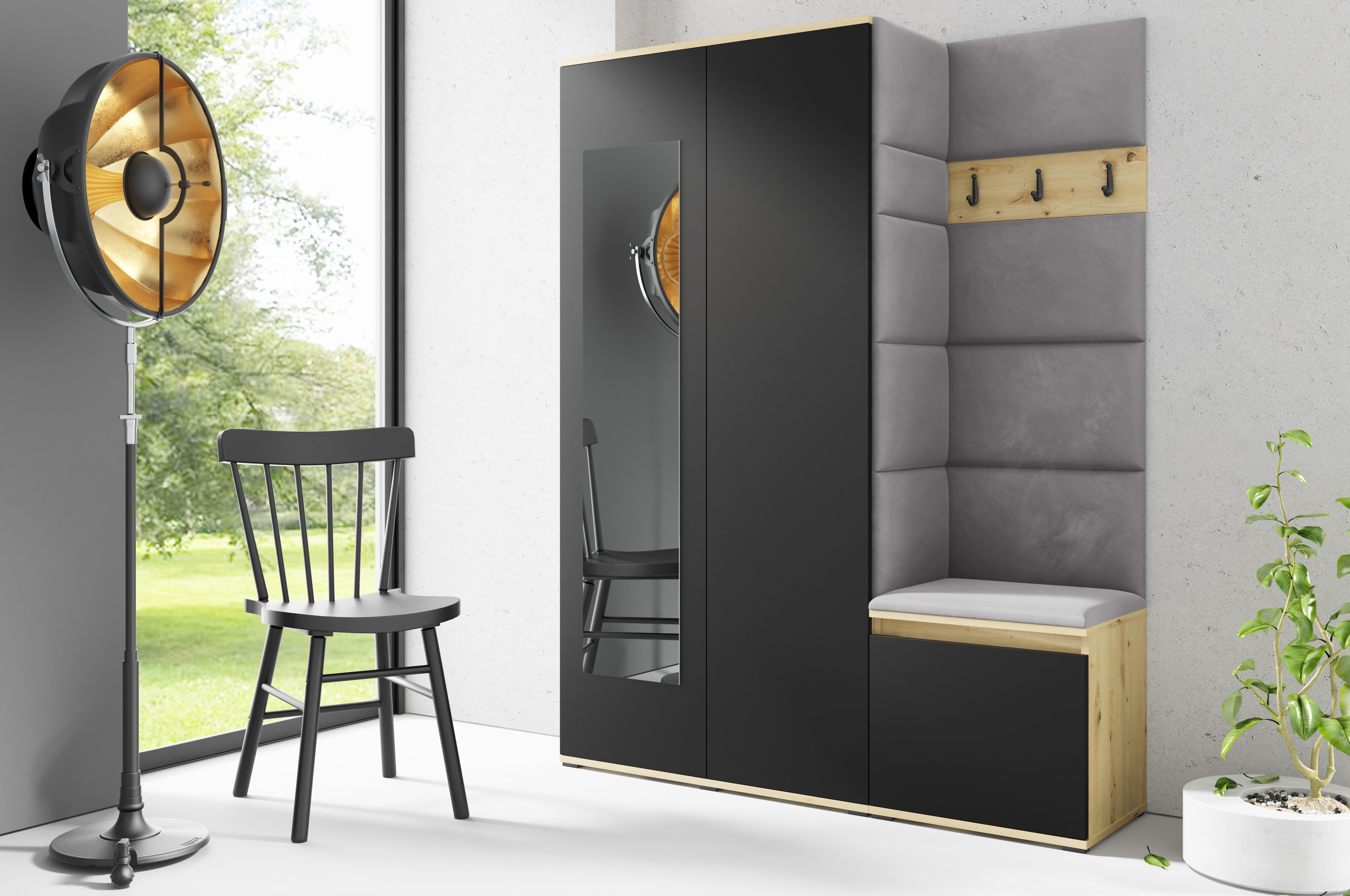 PK Emi 11 Flurgarderobe Artisan Eiche/Schwarz - Polsterpaneele in verschiedenen Farben