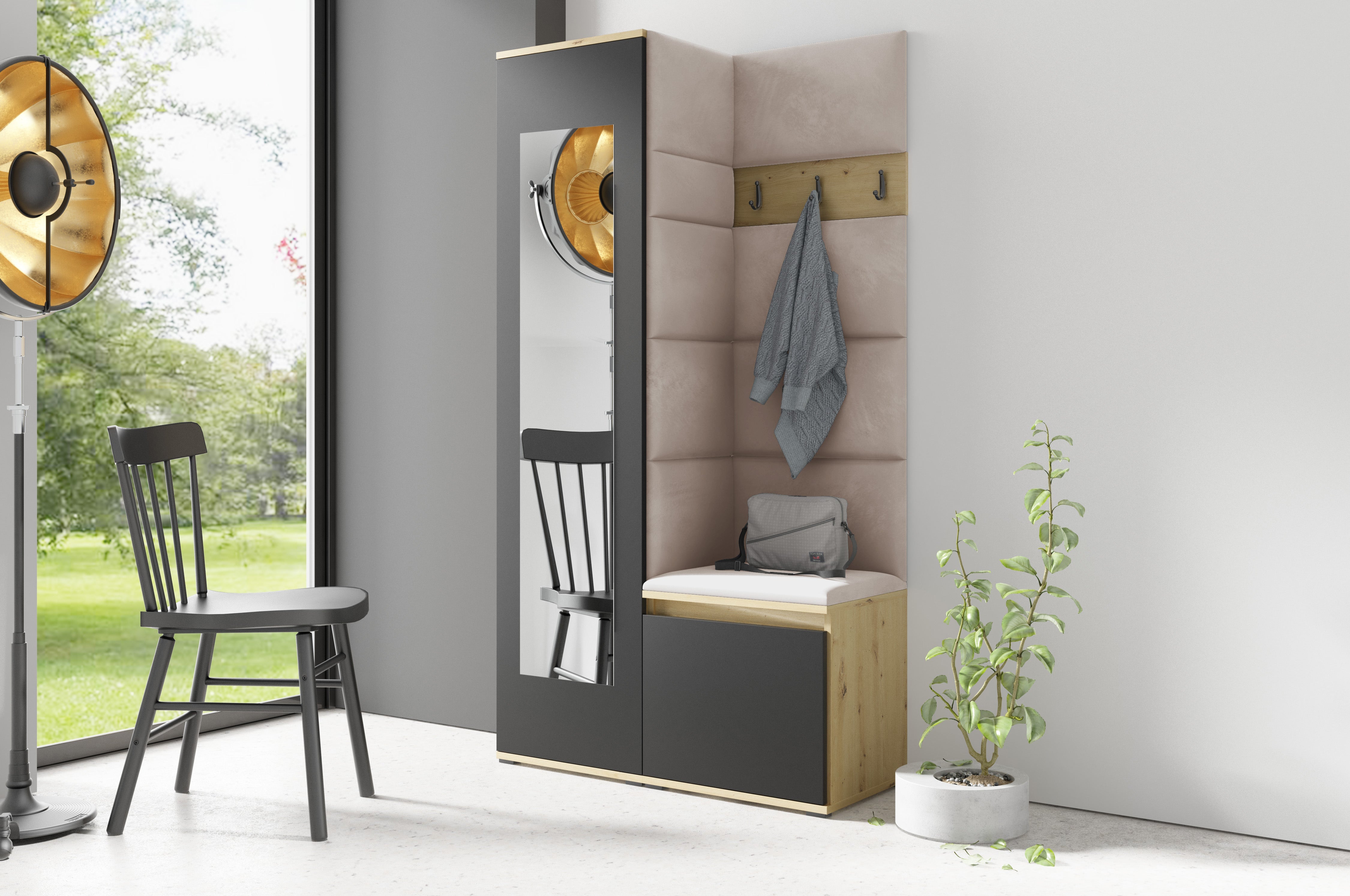 PK Emi 13 Flurgarderobe Artisan Eiche/Schwarz - Polsterpaneele in verschiedenen Farben