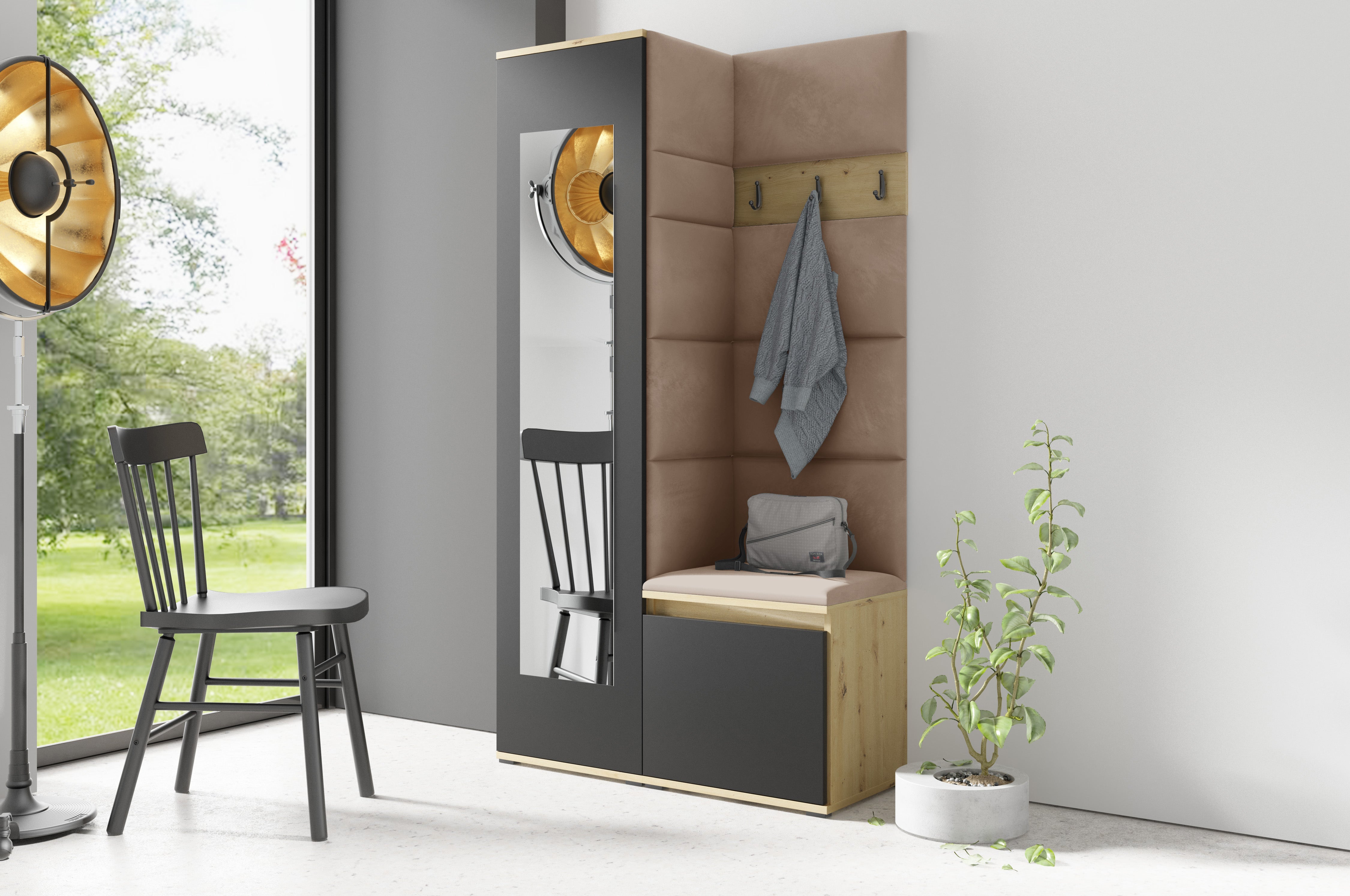 PK Emi 13 Flurgarderobe Artisan Eiche/Schwarz - Polsterpaneele in verschiedenen Farben