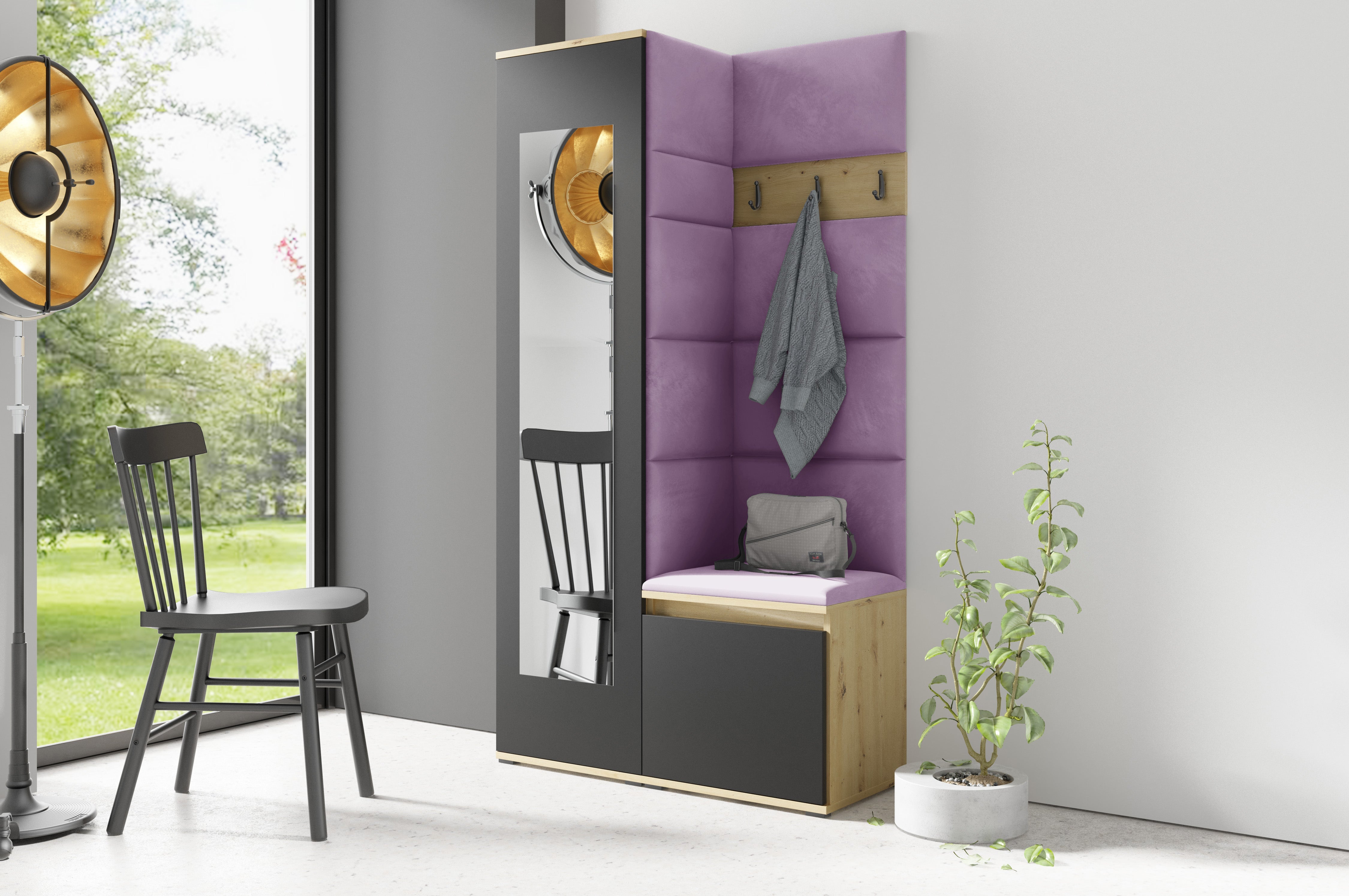 PK Emi 13 Flurgarderobe Artisan Eiche/Schwarz - Polsterpaneele in verschiedenen Farben