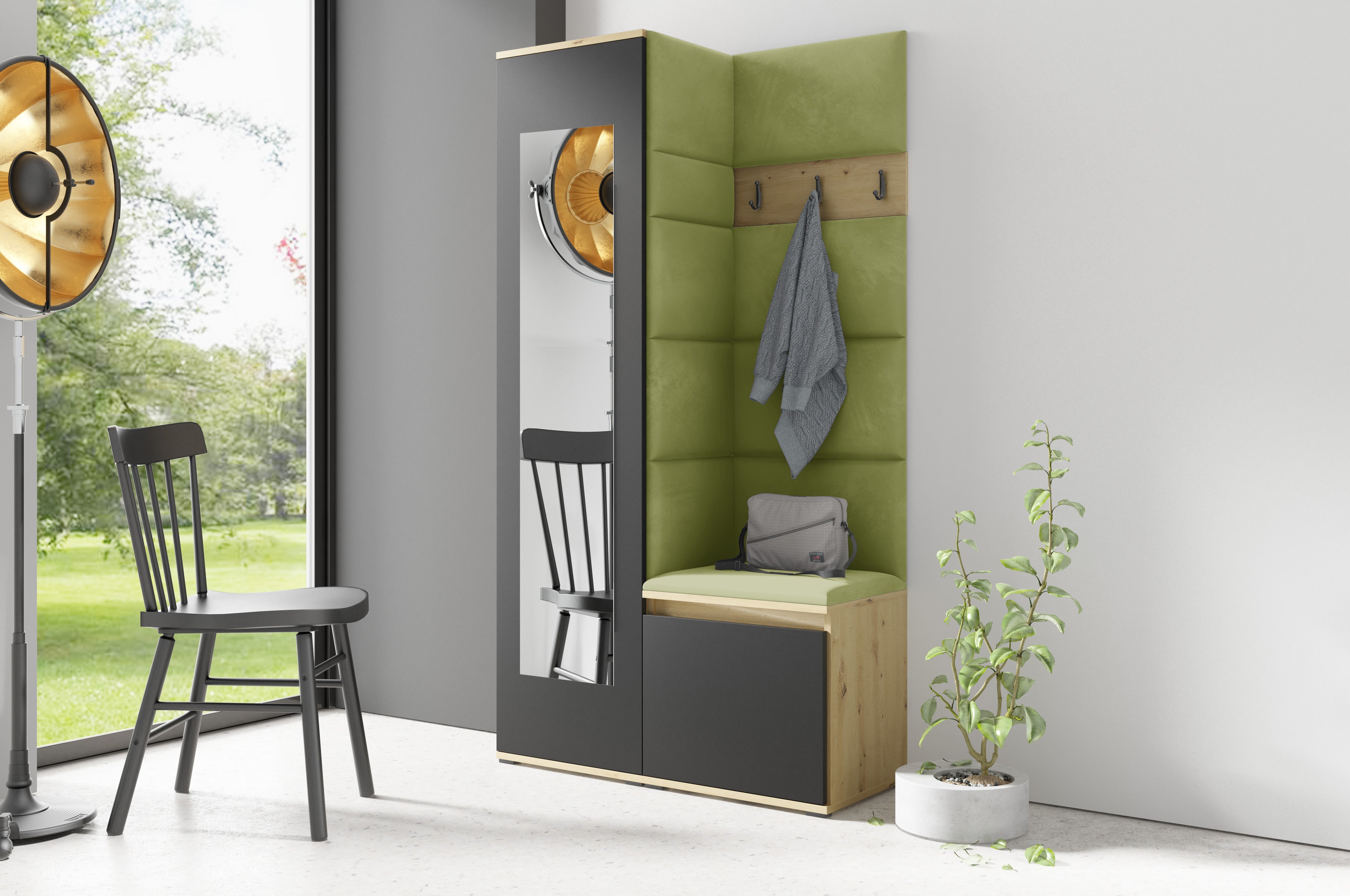 PK Emi 13 Flurgarderobe Artisan Eiche/Schwarz - Polsterpaneele in verschiedenen Farben