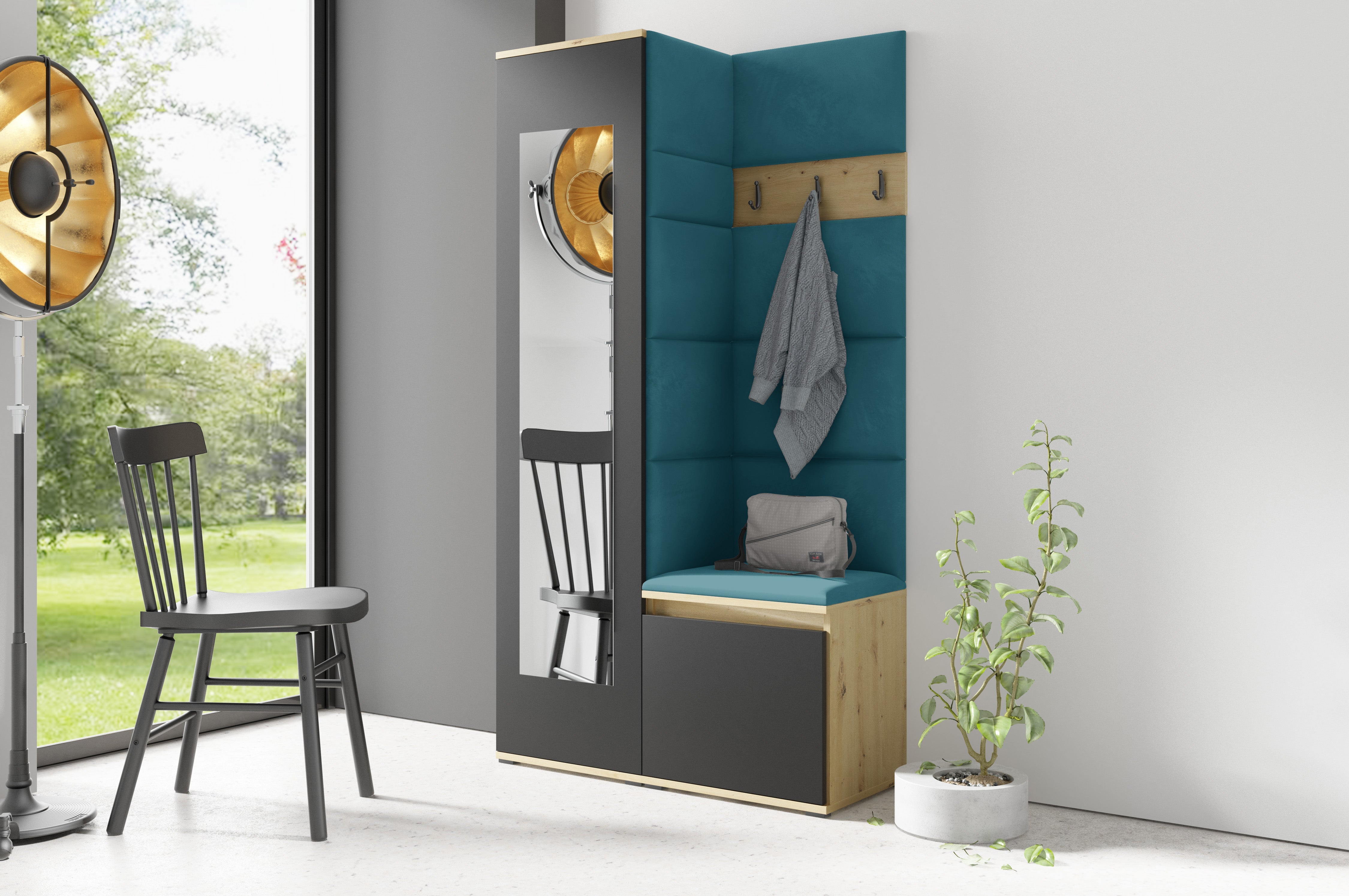 PK Emi 13 Flurgarderobe Artisan Eiche/Schwarz - Polsterpaneele in verschiedenen Farben