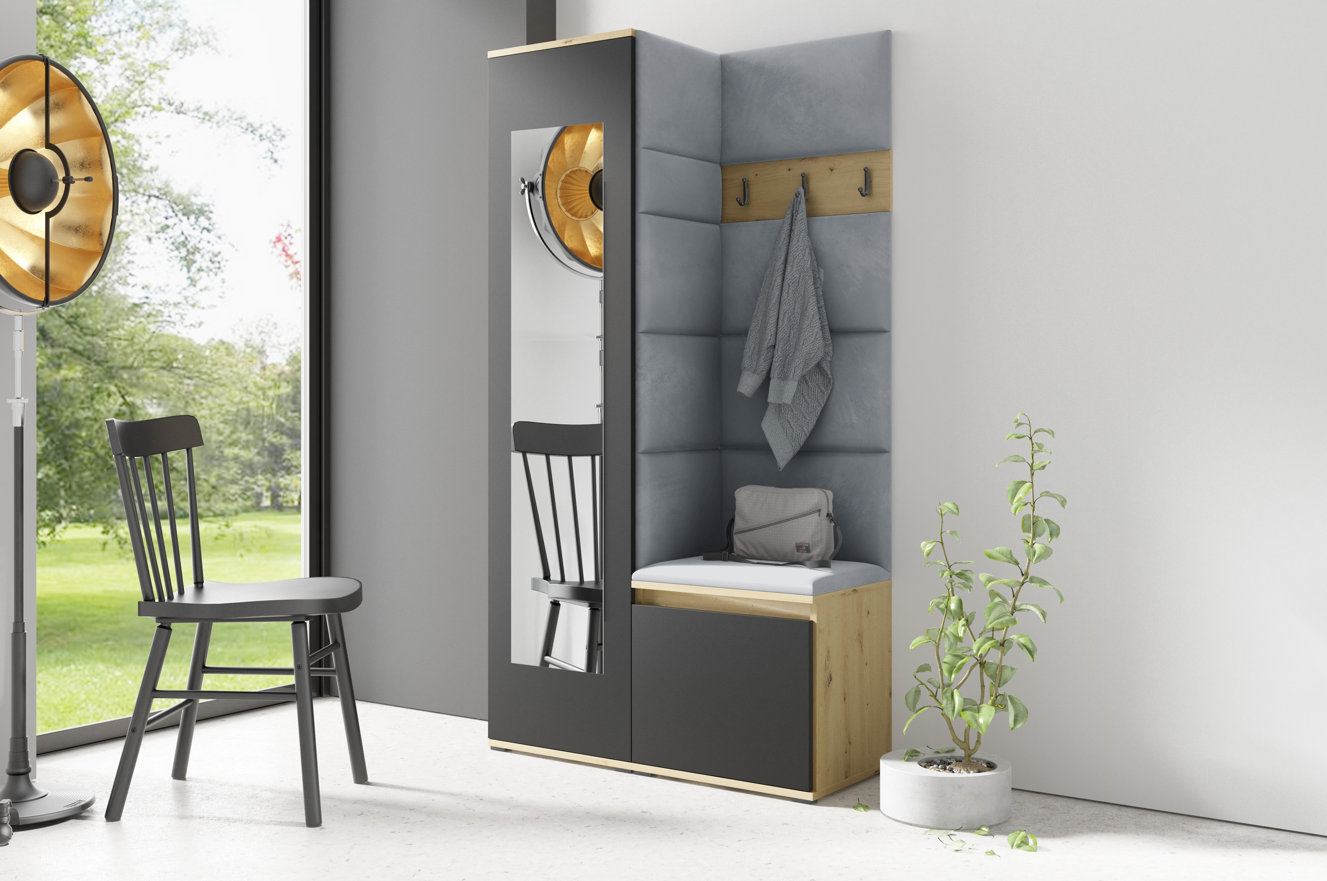 PK Emi 13 Flurgarderobe Artisan Eiche/Schwarz - Polsterpaneele in verschiedenen Farben