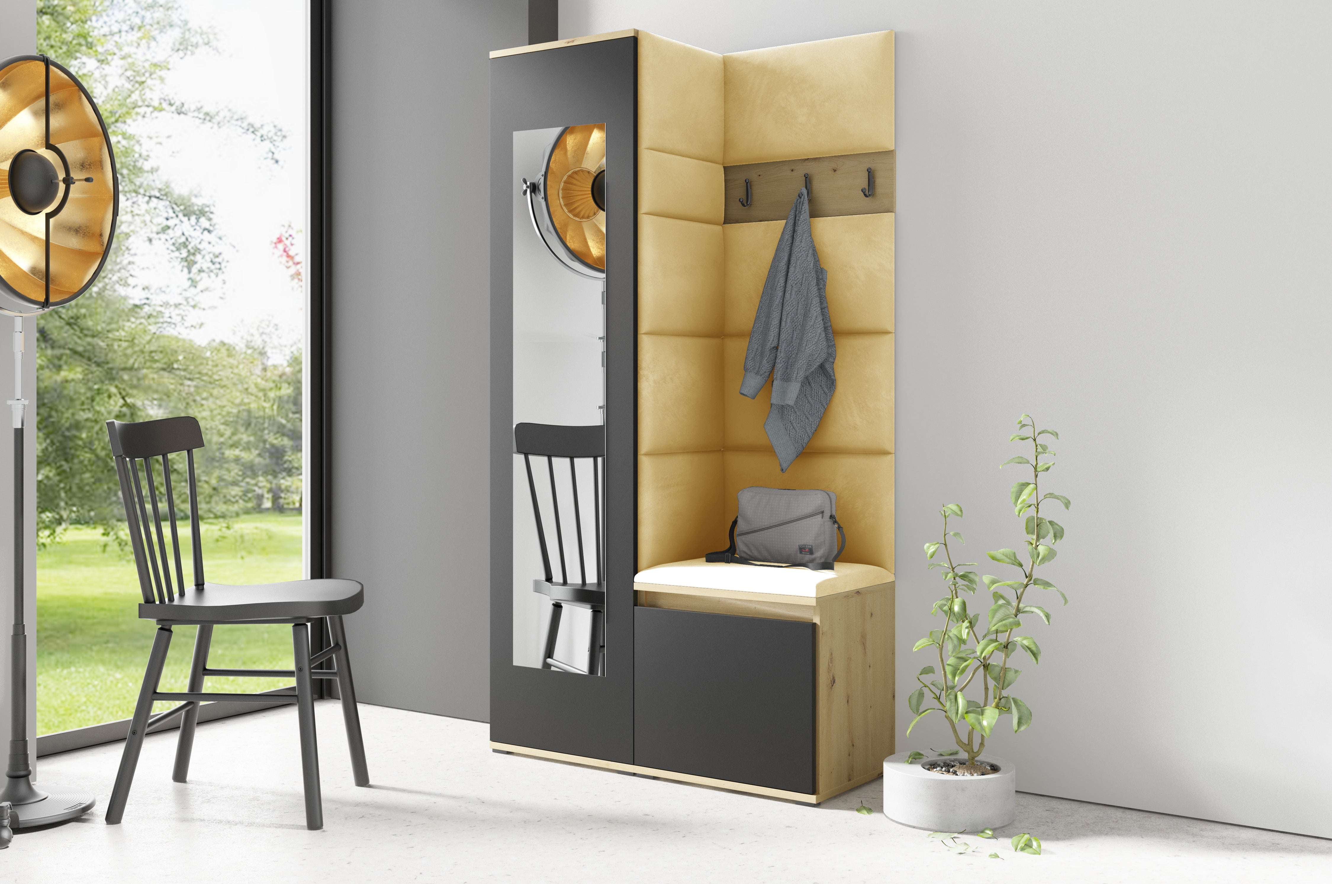 PK Emi 13 Flurgarderobe Artisan Eiche/Schwarz - Polsterpaneele in verschiedenen Farben