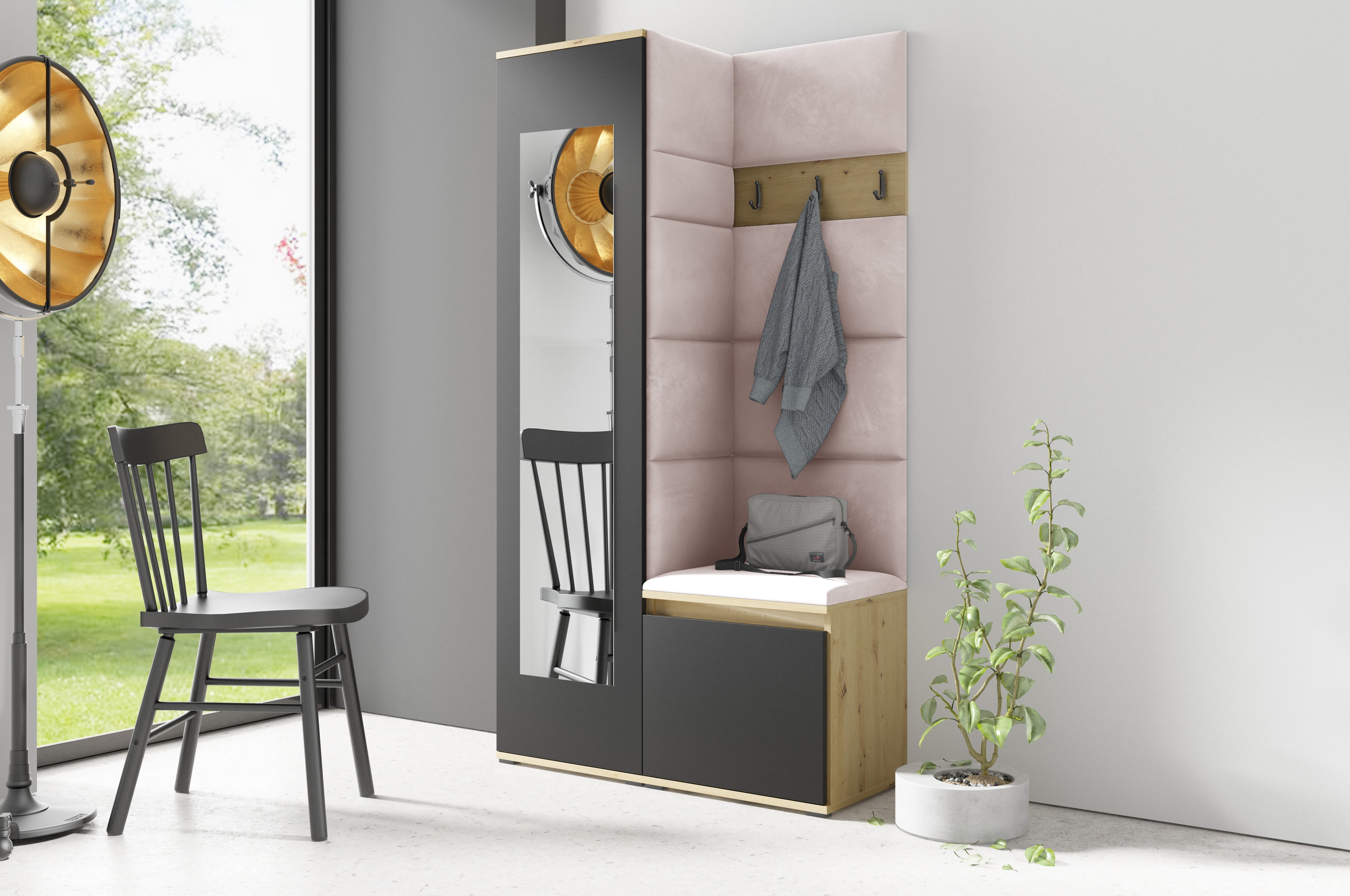 PK Emi 13 Flurgarderobe Artisan Eiche/Schwarz - Polsterpaneele in verschiedenen Farben