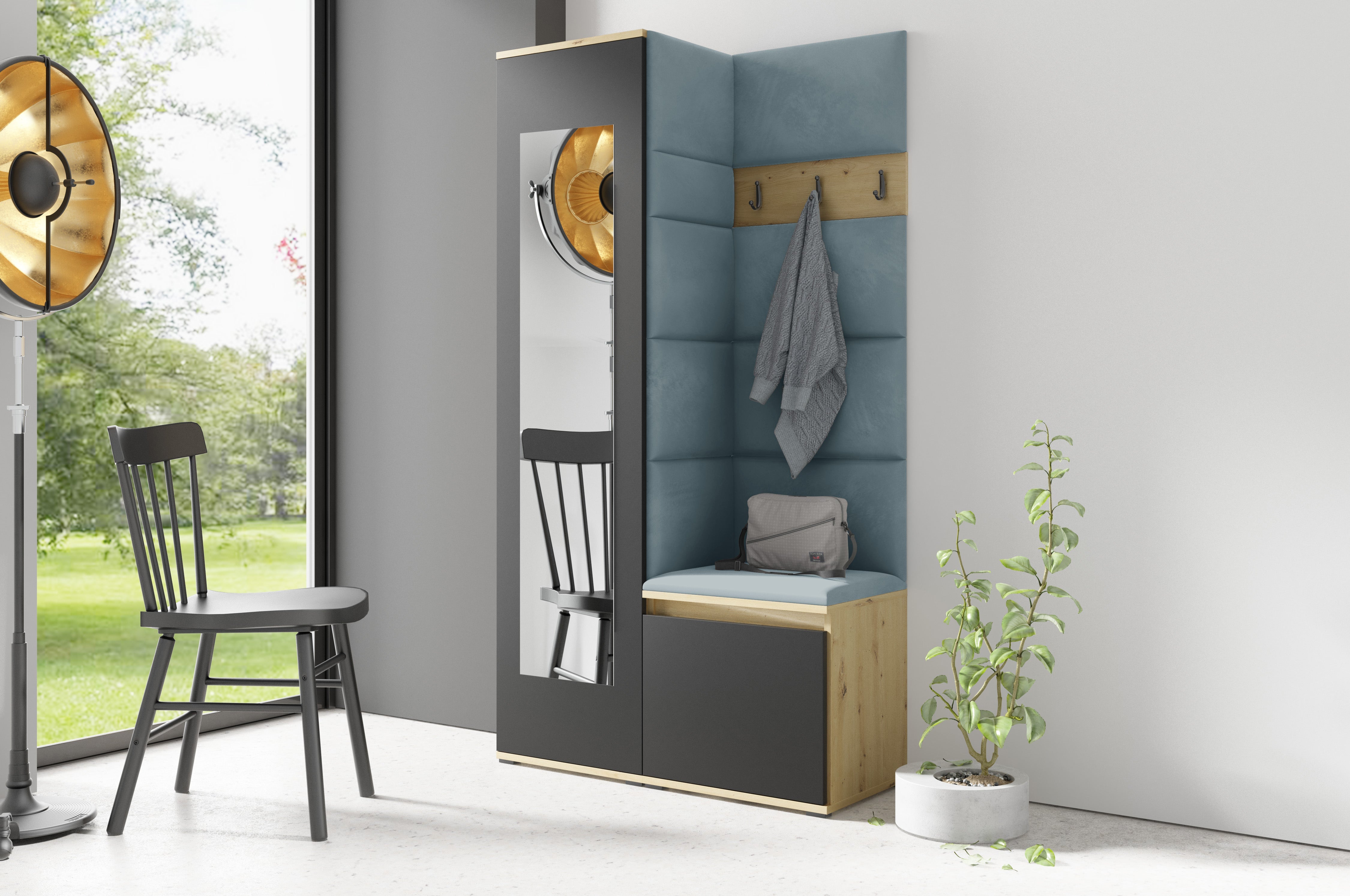 PK Emi 13 Flurgarderobe Artisan Eiche/Schwarz - Polsterpaneele in verschiedenen Farben