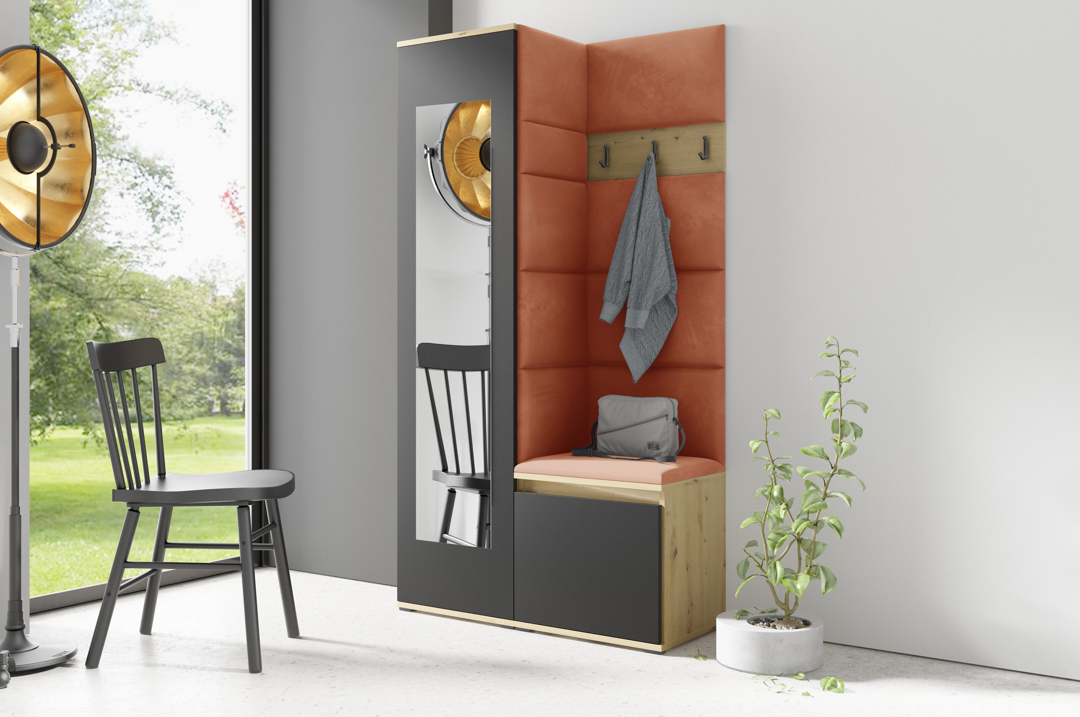 PK Emi 13 Flurgarderobe Artisan Eiche/Schwarz - Polsterpaneele in verschiedenen Farben