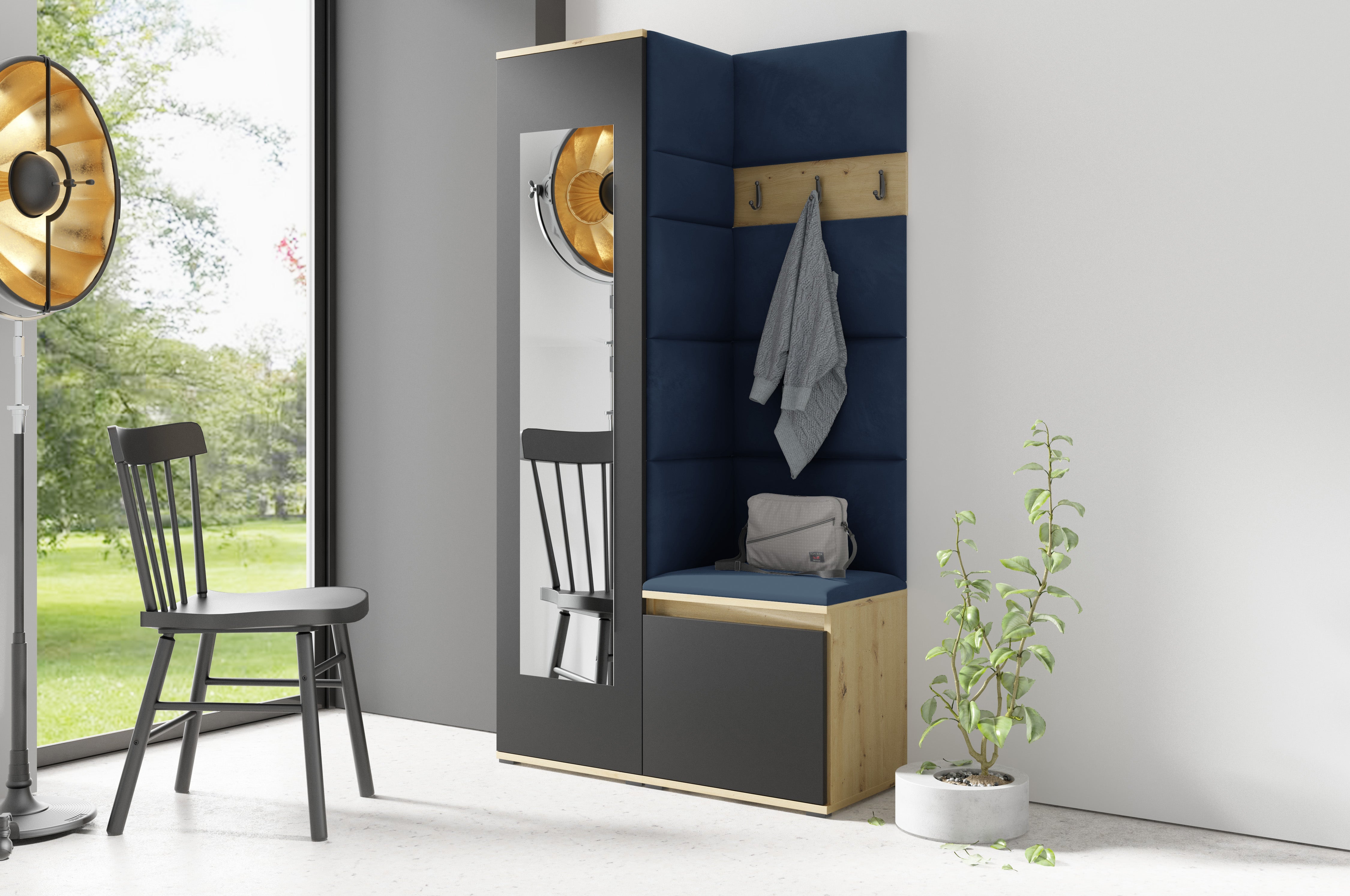 PK Emi 13 Flurgarderobe Artisan Eiche/Schwarz - Polsterpaneele in verschiedenen Farben