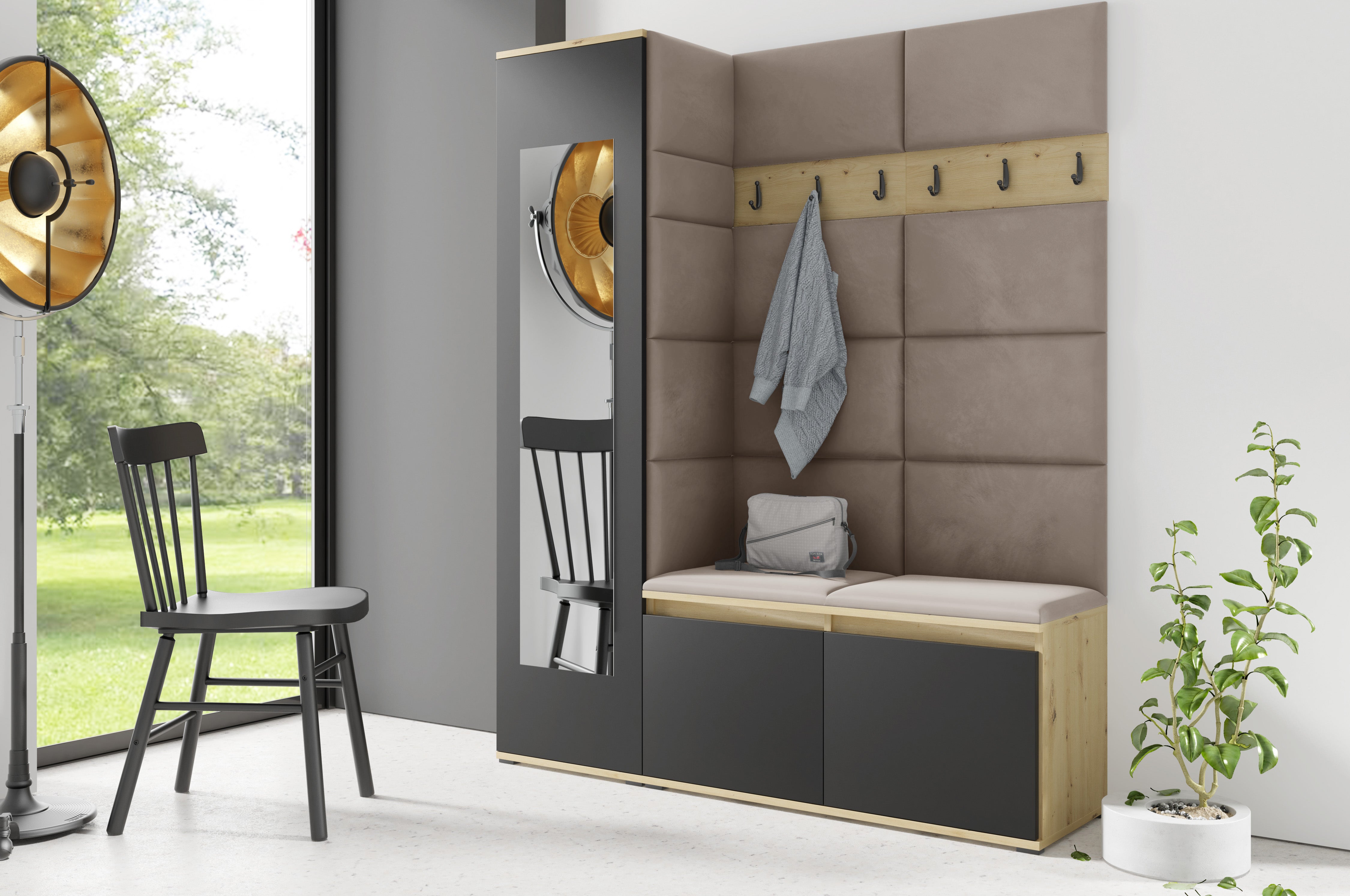 PK Emi 14 Hallway Wardrobe Artisan Oak / Black - Upholstered Panels in Various Colours