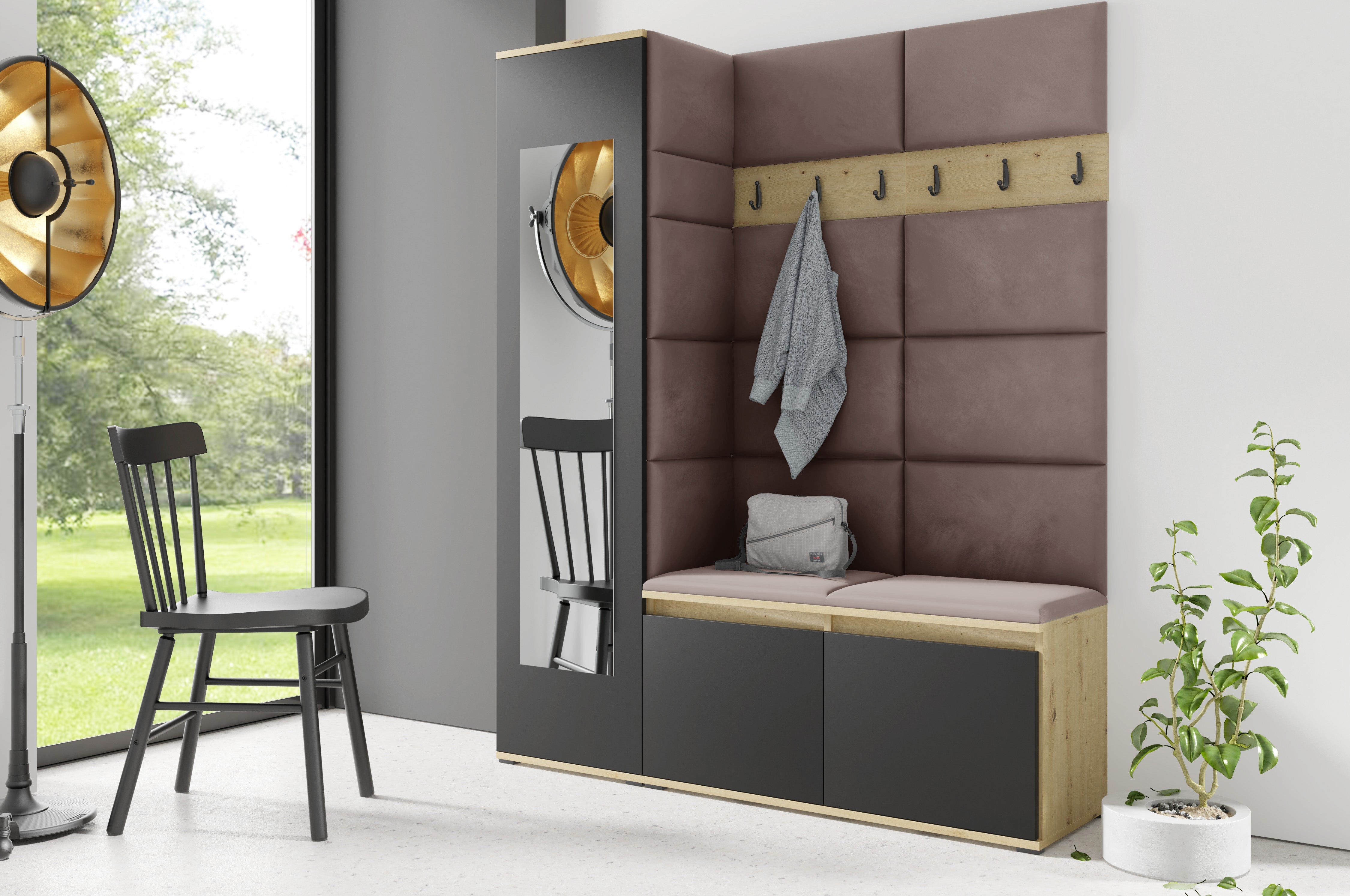 PK Emi 14 Hallway Wardrobe Artisan Oak / Black - Upholstered Panels in Various Colours