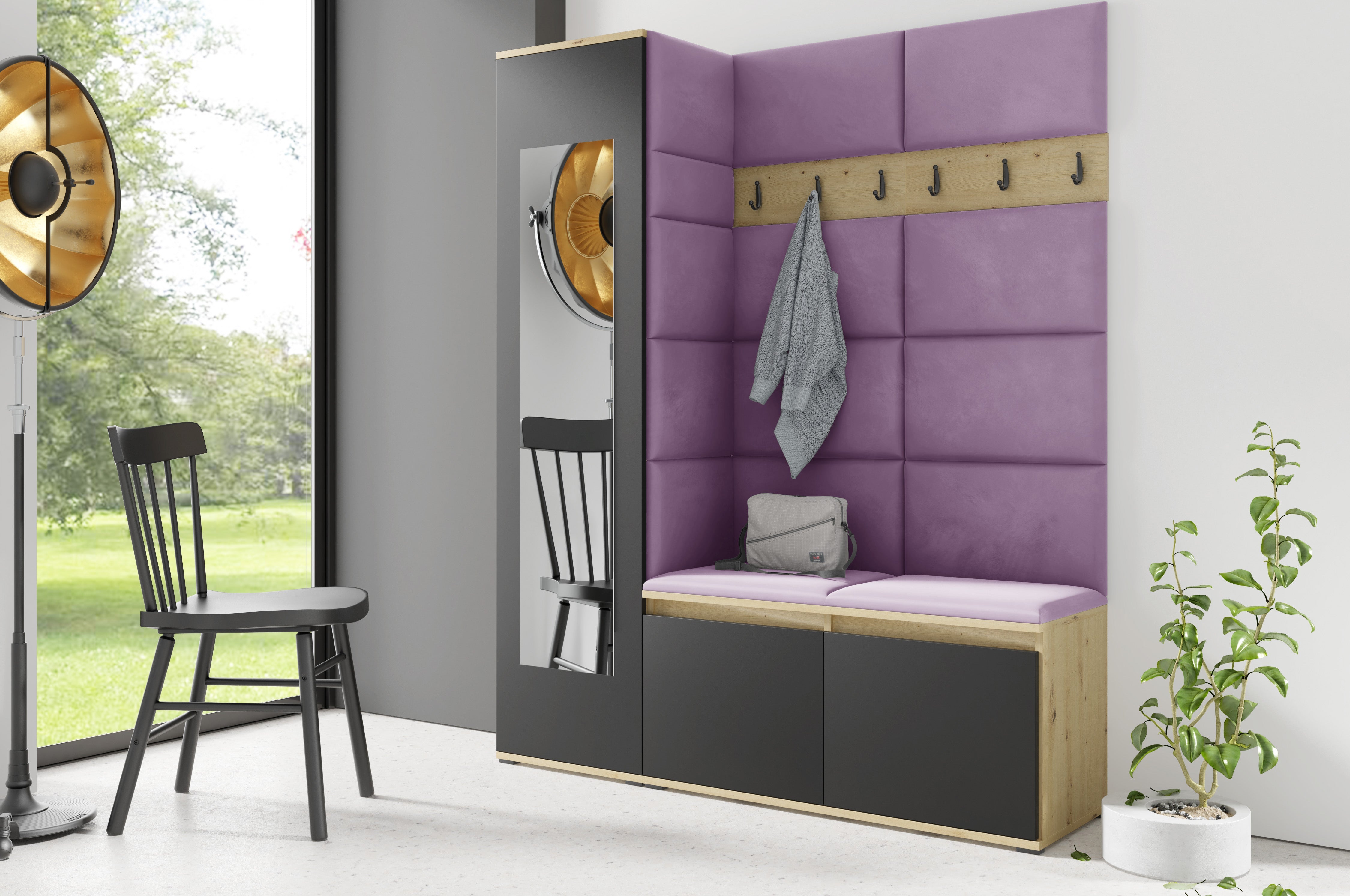 PK Emi 14 Hallway Wardrobe Artisan Oak / Black - Upholstered Panels in Various Colours