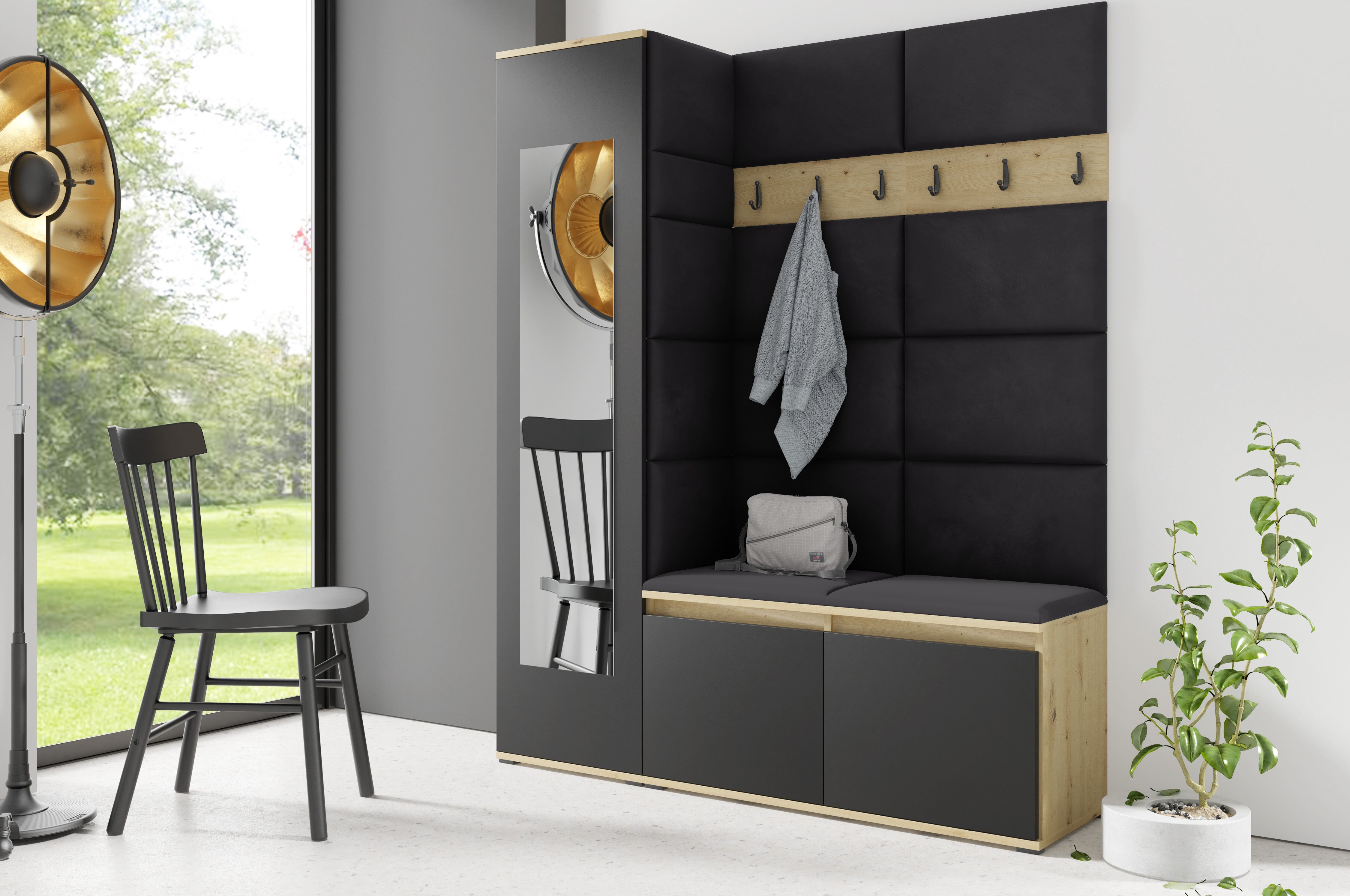 PK Emi 14 Hallway Wardrobe Artisan Oak / Black - Upholstered Panels in Various Colours