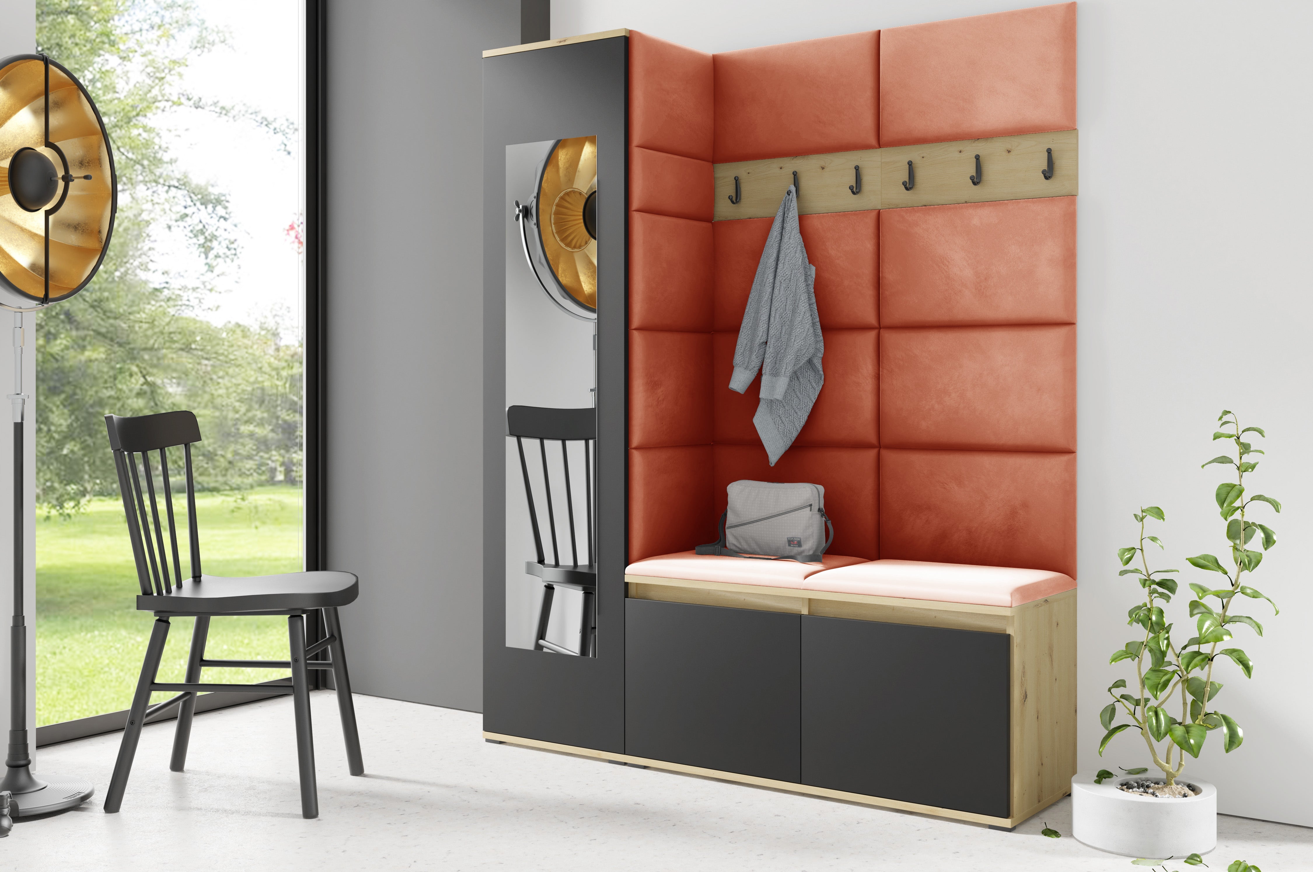 PK Emi 14 Hallway Wardrobe Artisan Oak / Black - Upholstered Panels in Various Colours