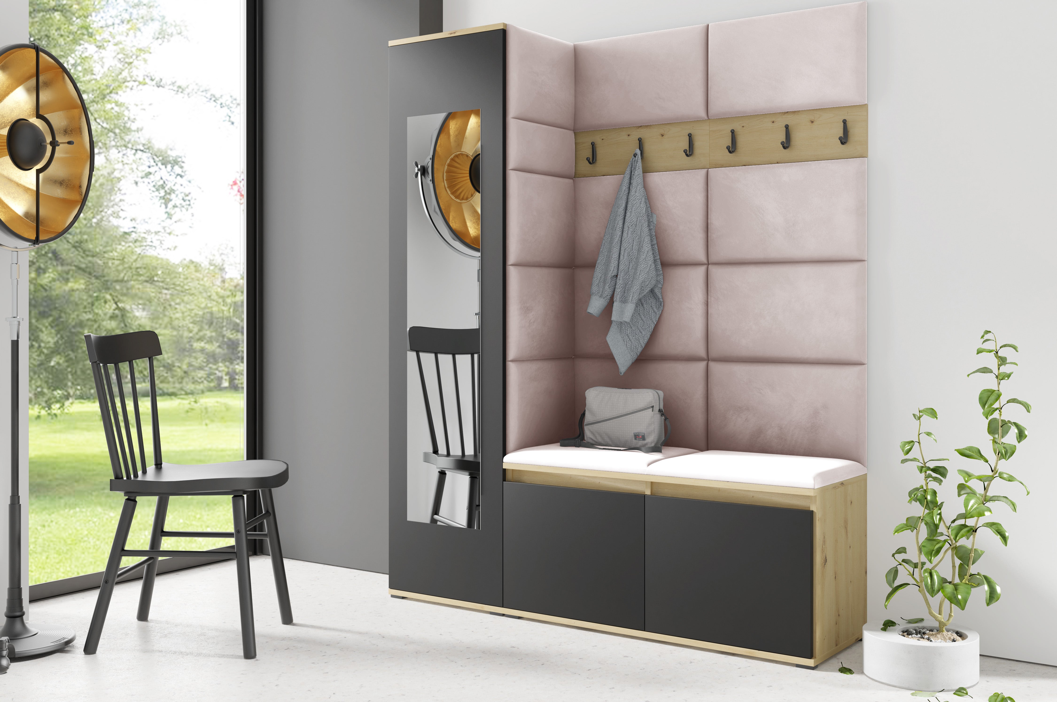 PK Emi 14 Hallway Wardrobe Artisan Oak / Black - Upholstered Panels in Various Colours